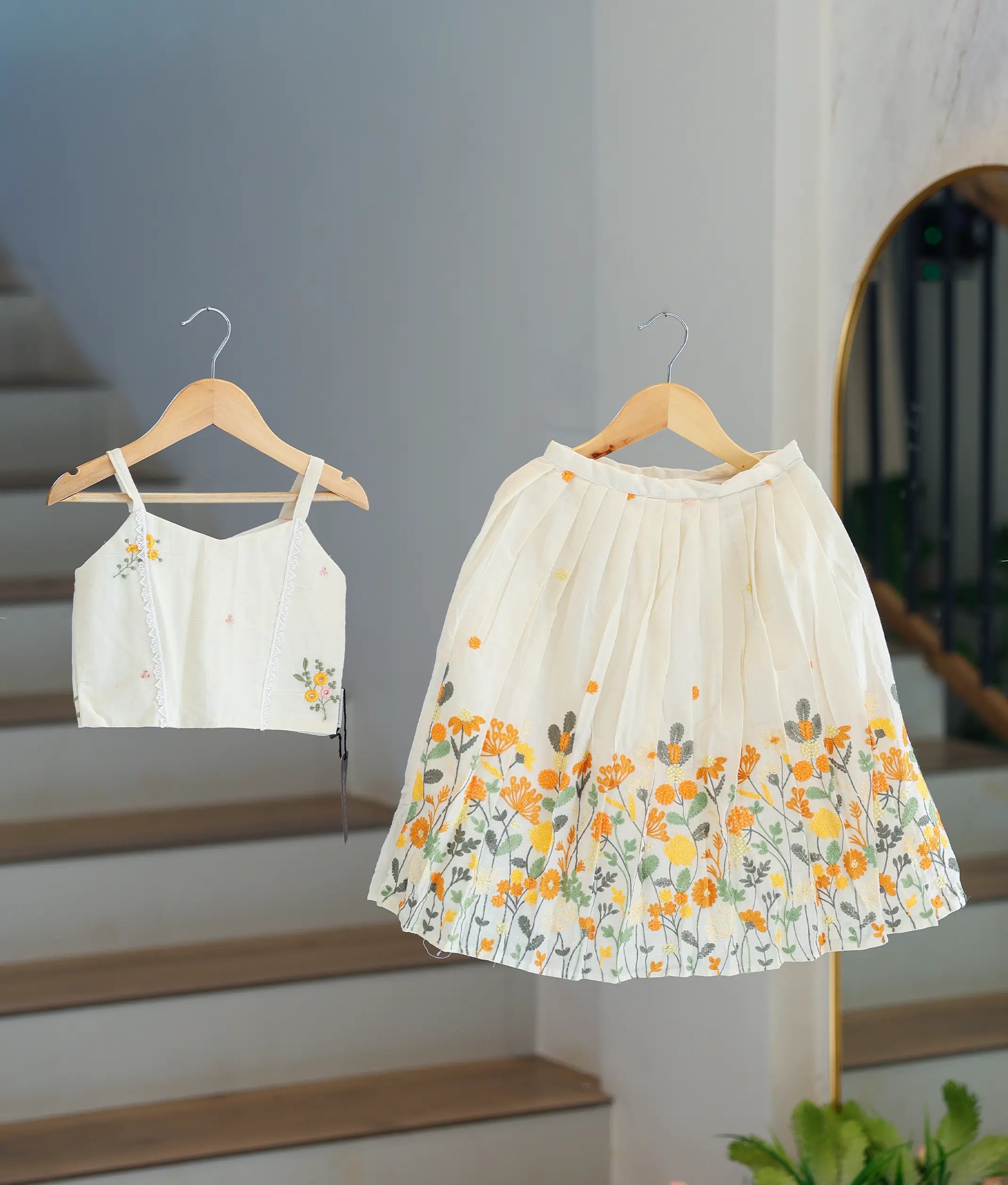 Off-White Cotton Floral Embroidered Skirt and Top for Baby Girl [6340]