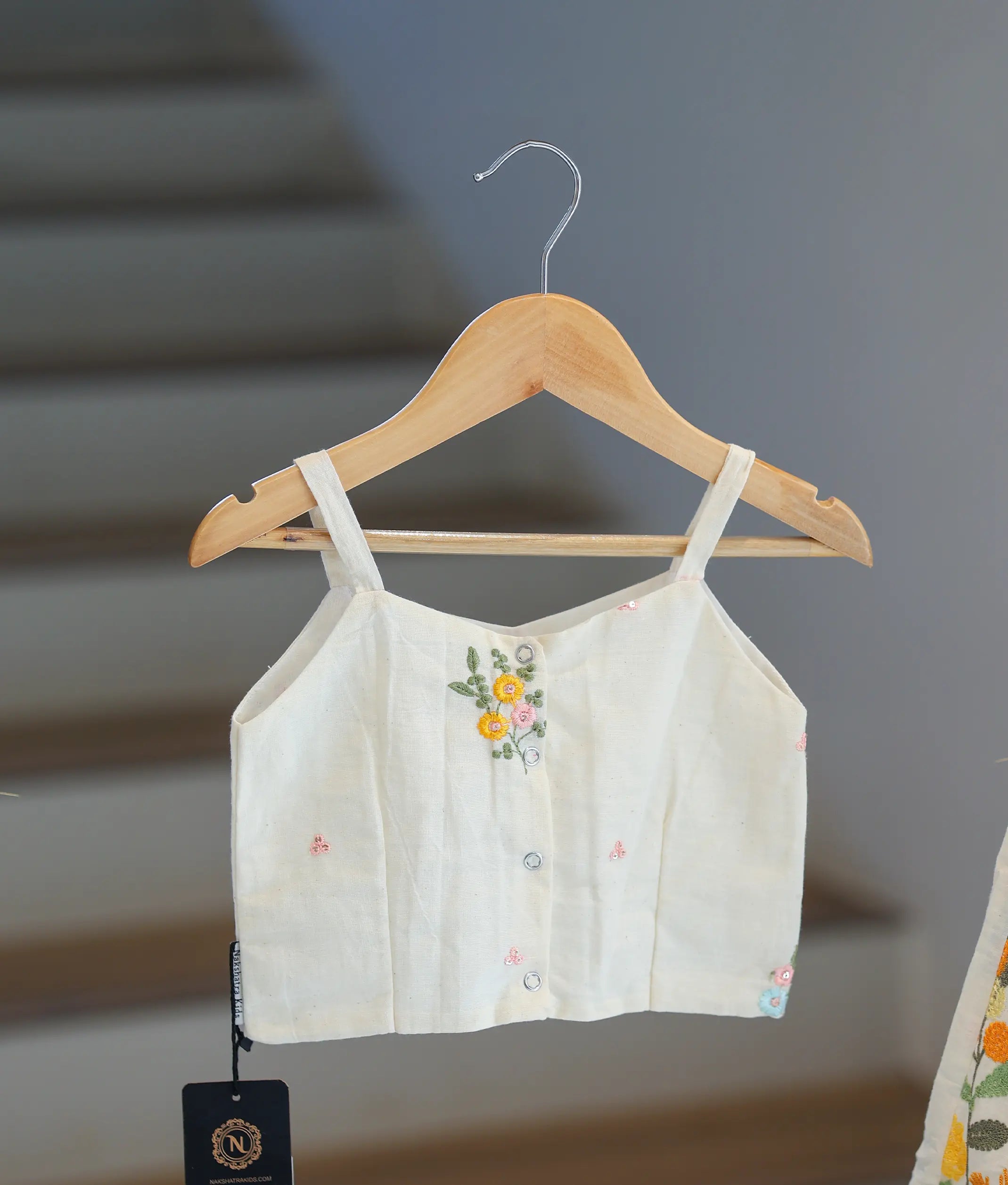 Off-White Cotton Floral Embroidered Skirt and Top for Baby Girl [6340]
