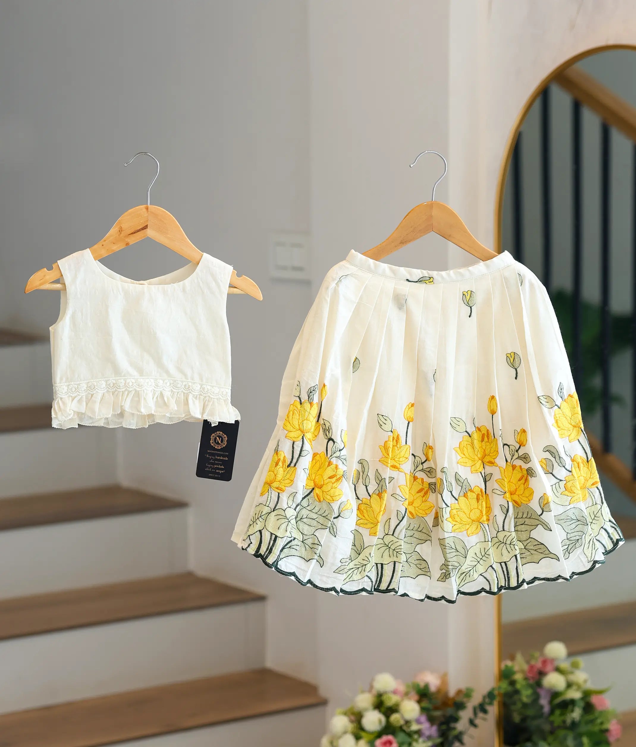Yellow Lotus Cotton Embroidered Skirt and Top for Baby Girl [6341]