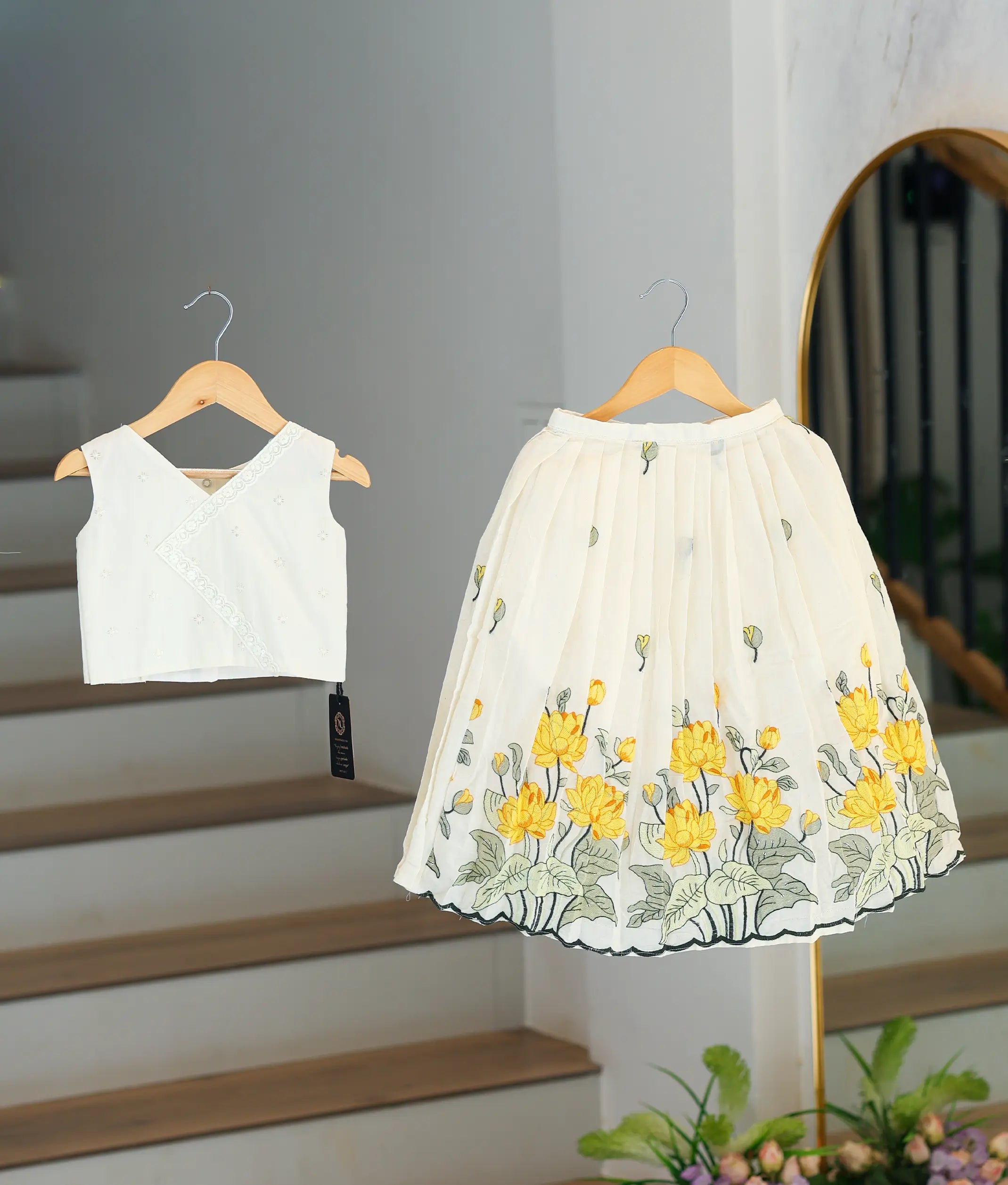 Yellow Lotus Cotton Embroidered Skirt and Top for Baby Girl [6341]
