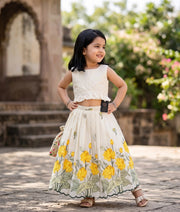 Yellow Lotus Cotton Embroidered Skirt and Top for Baby Girl [6341]
