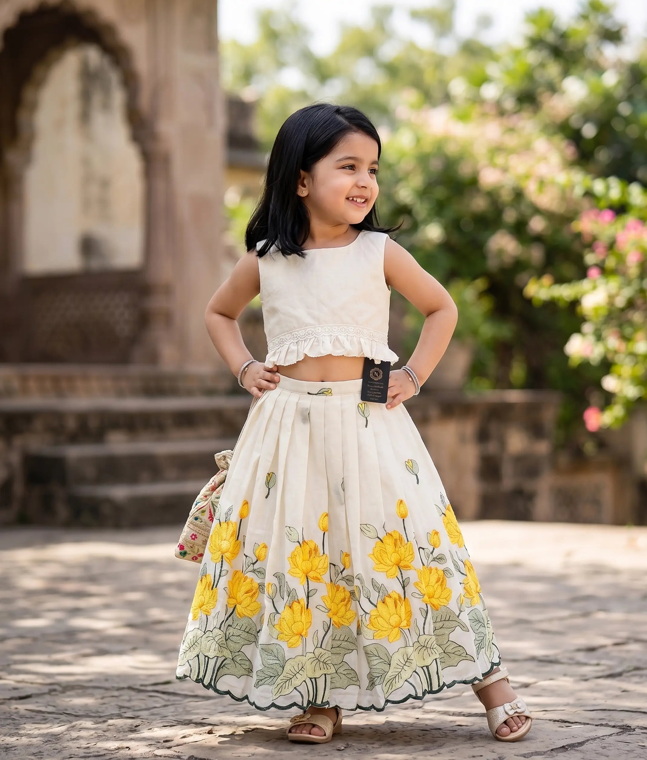 Yellow Lotus Cotton Embroidered Skirt and Top for Baby Girl [6341]