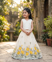 Yellow Lotus Cotton Embroidered Skirt and Top for Baby Girl [6341]