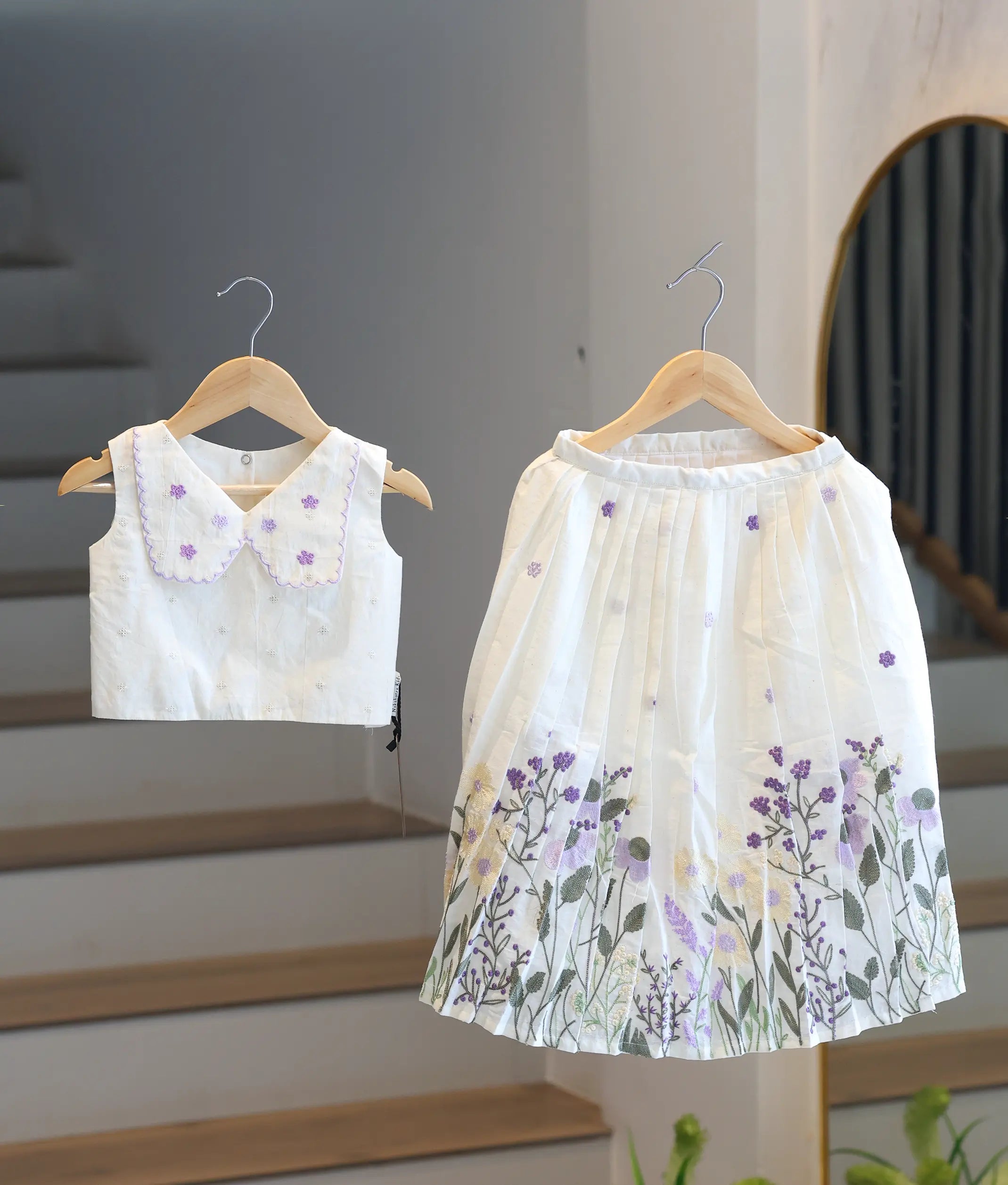 Off-White Cotton Embroidered Skirt and Top for Baby Girl [6342]