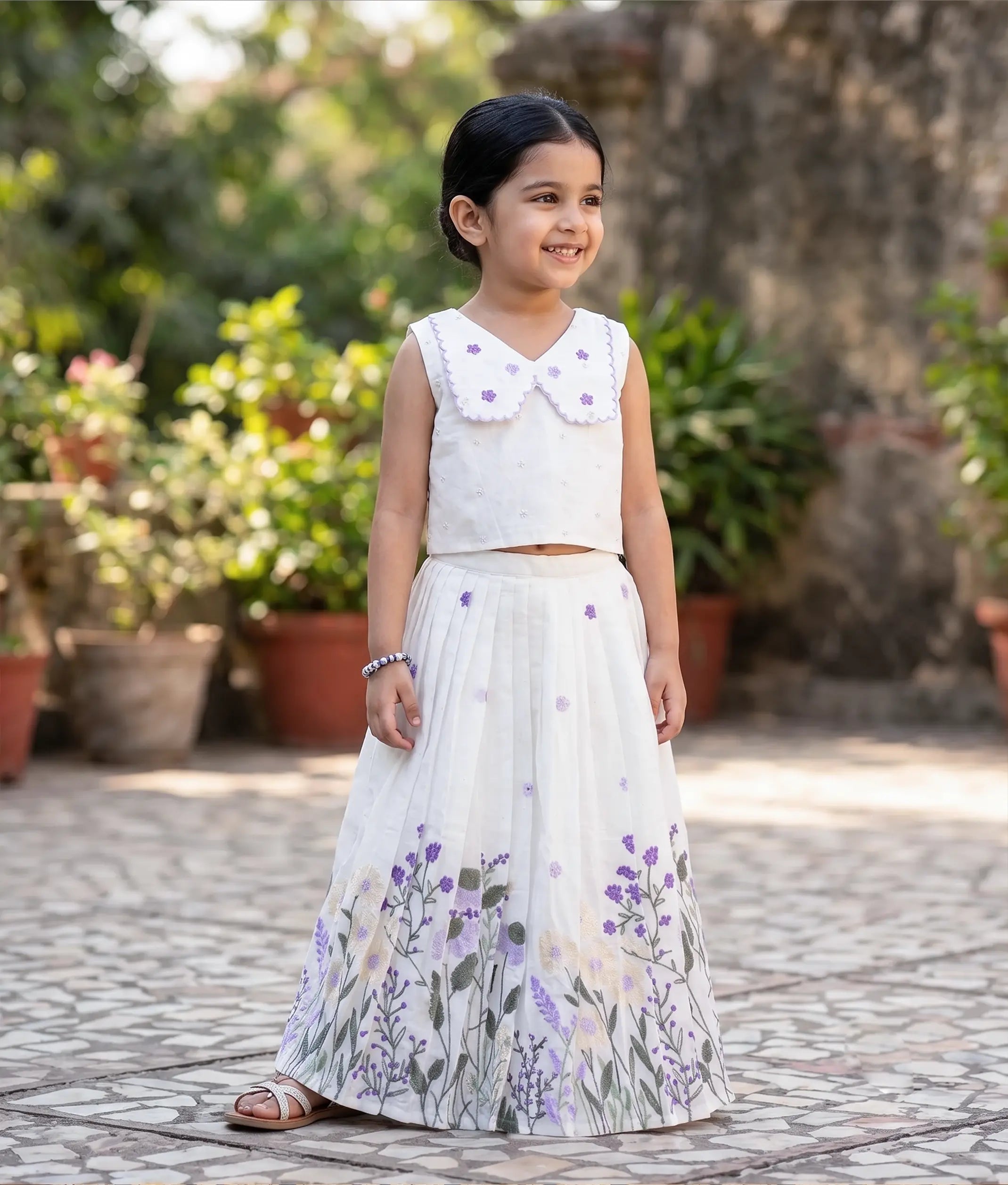 Off-White Cotton Embroidered Skirt and Top for Baby Girl [6342]