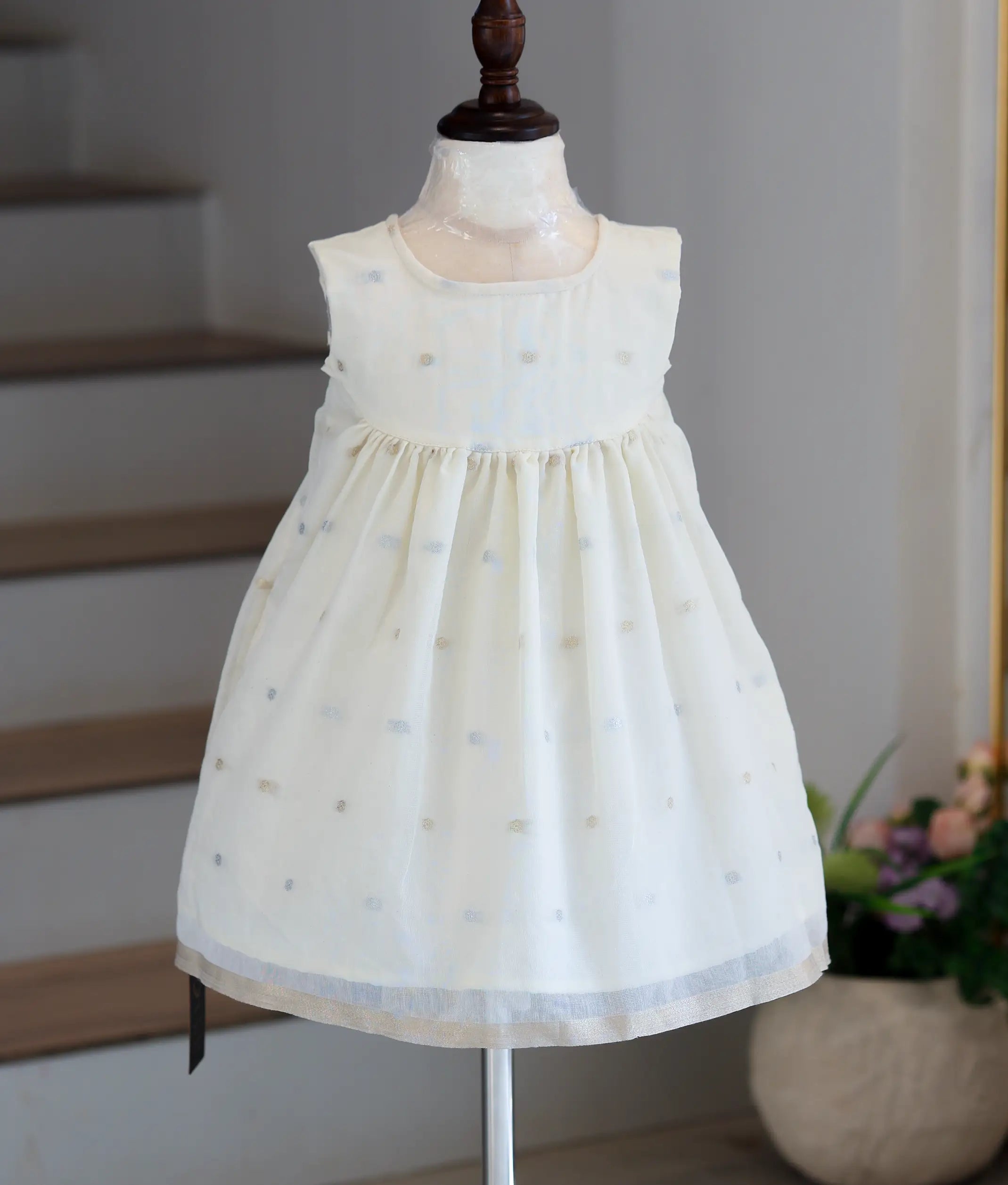 Off-White Cotton Polka Dot A-Line Frock for Baby Girl [6346]