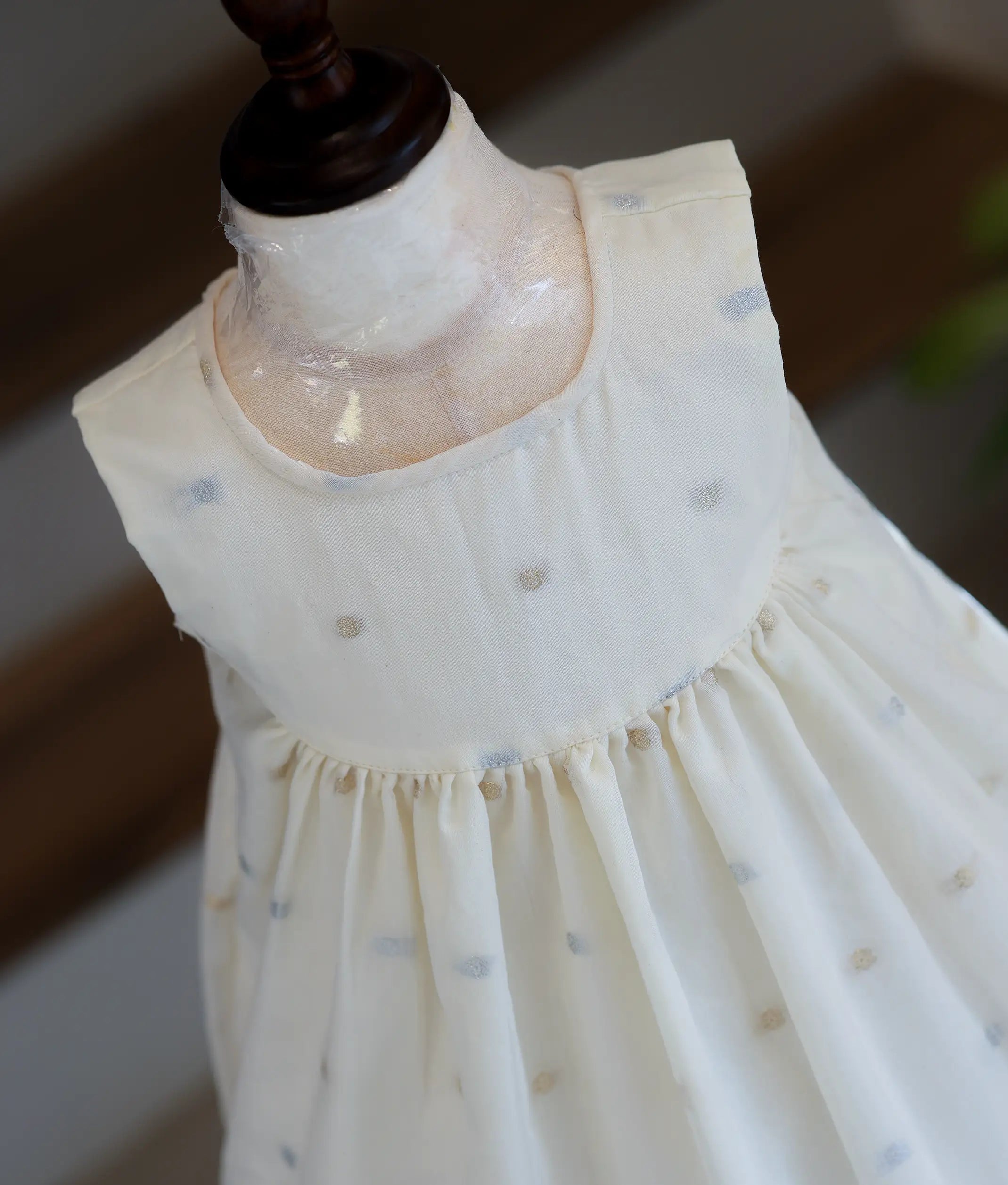 Off-White Cotton Polka Dot A-Line Frock for Baby Girl [6346]