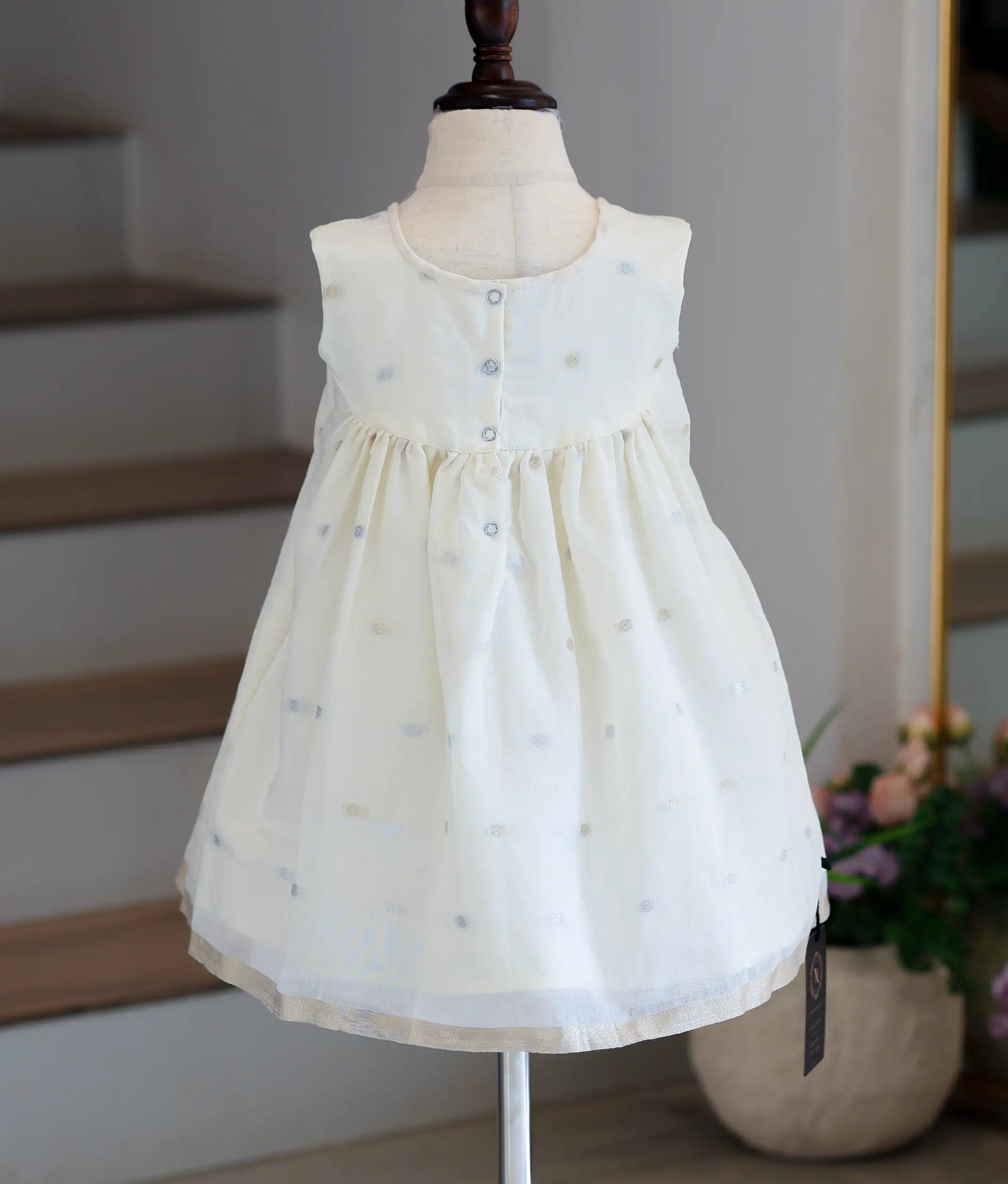 Off-White Cotton Polka Dot A-Line Frock for Baby Girl [6346]