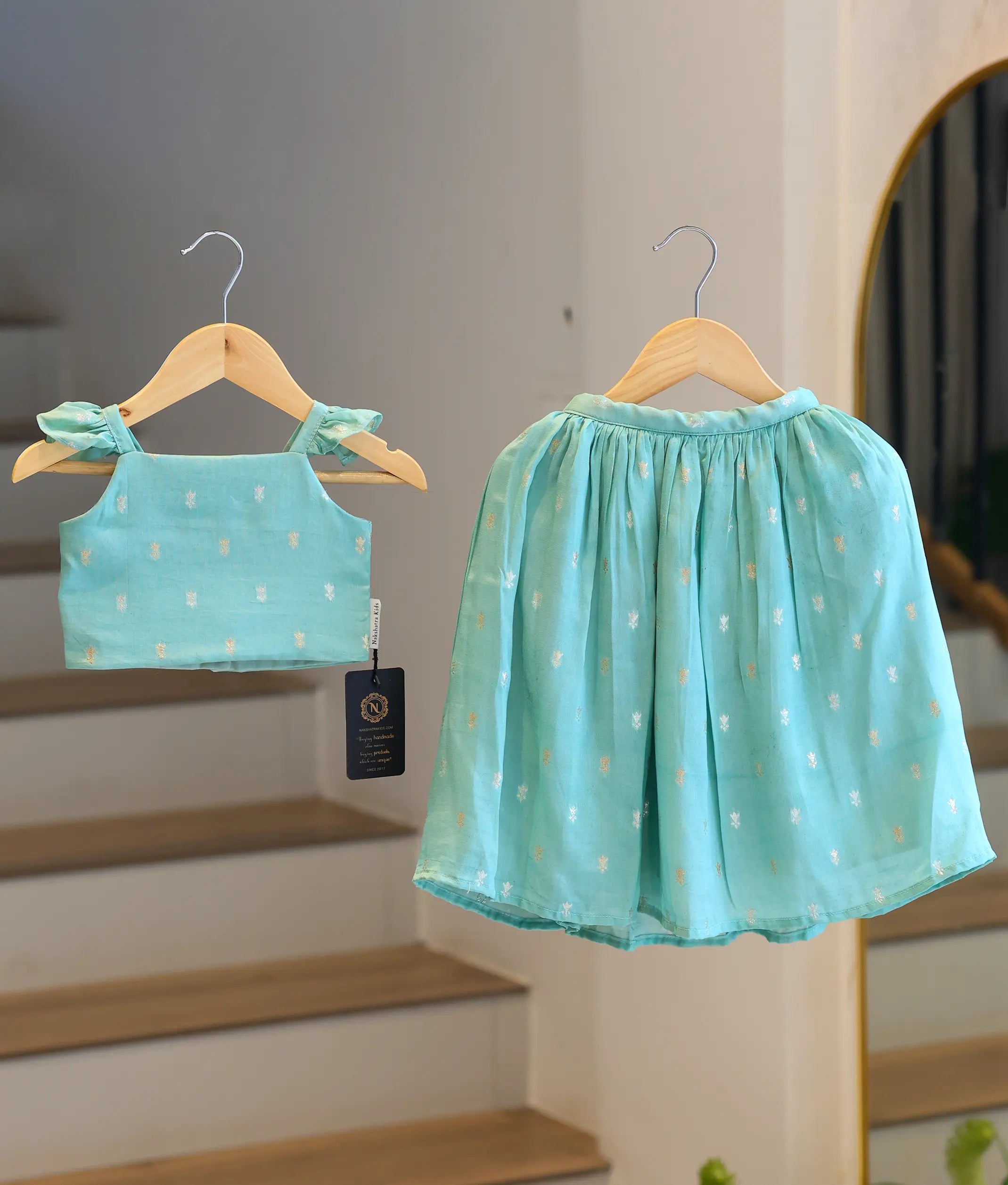 Mint Blue Georgette Shimmering Buttis Skirt and Top for Baby Girl [6347]