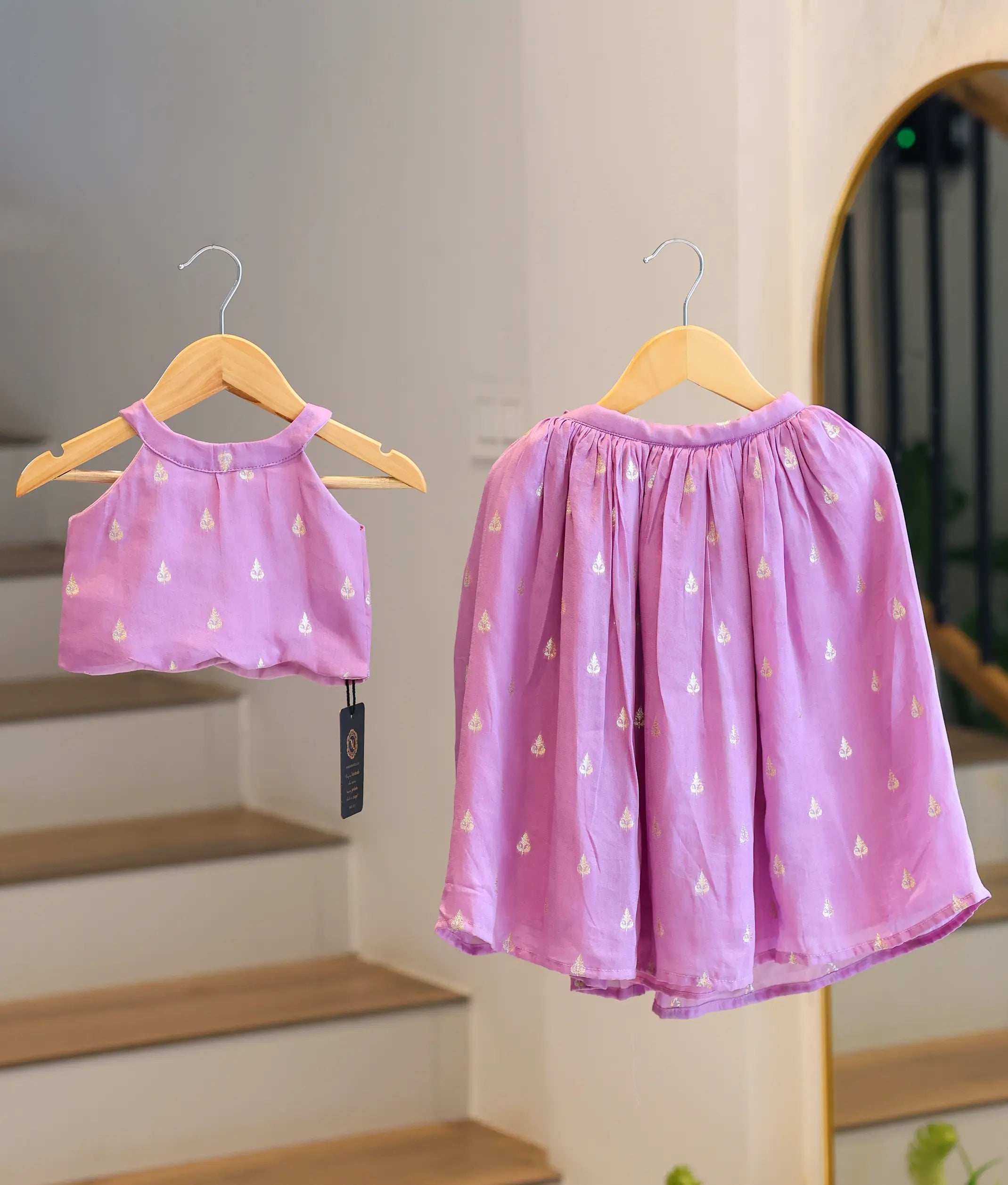 Lilac Lavender Golden Leaf Motifs Skirt and Top for Baby Girl [6348]