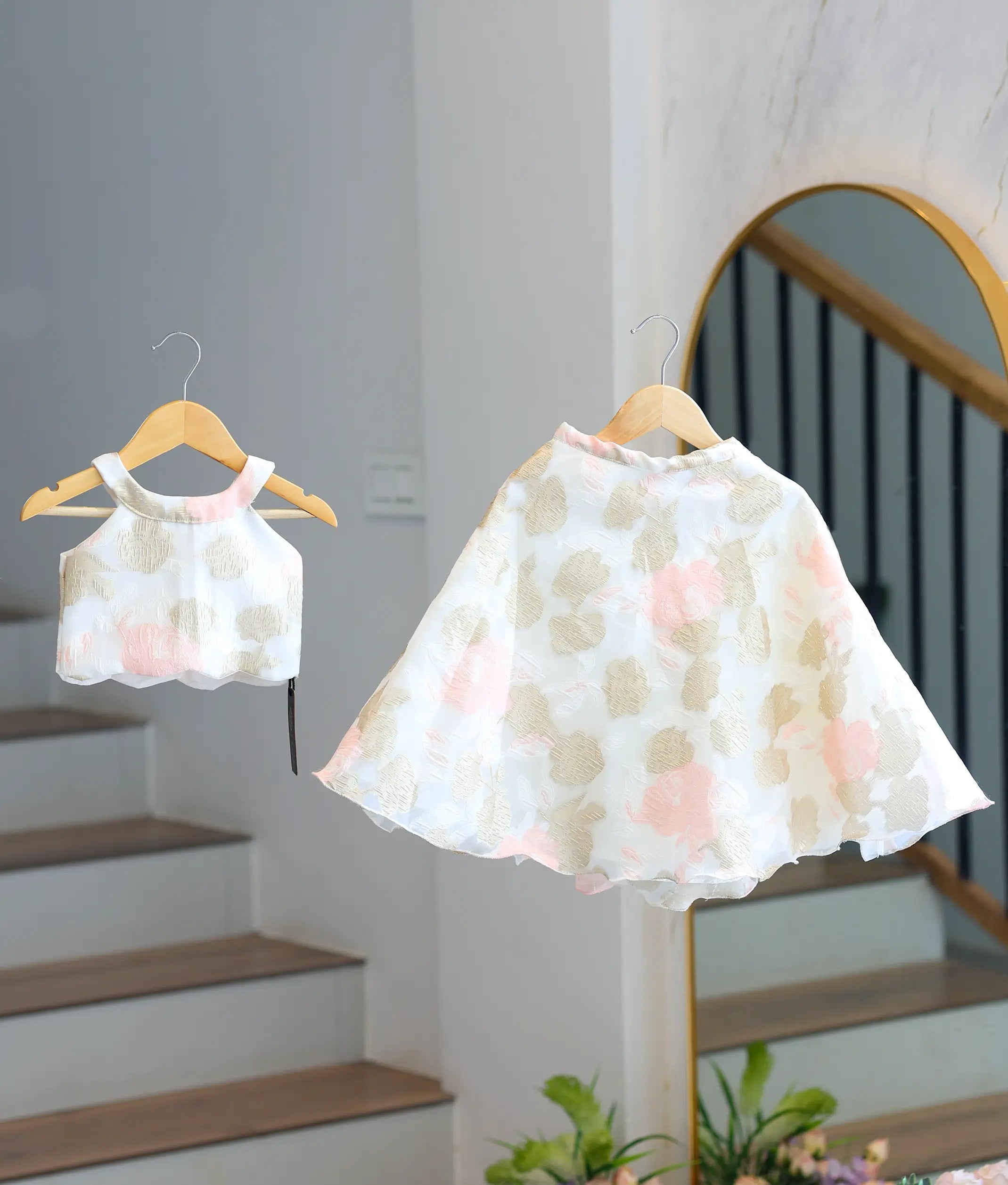 Off-White Pink Floral Turkish Organza Skirt and Top for Baby Girl [6349]
