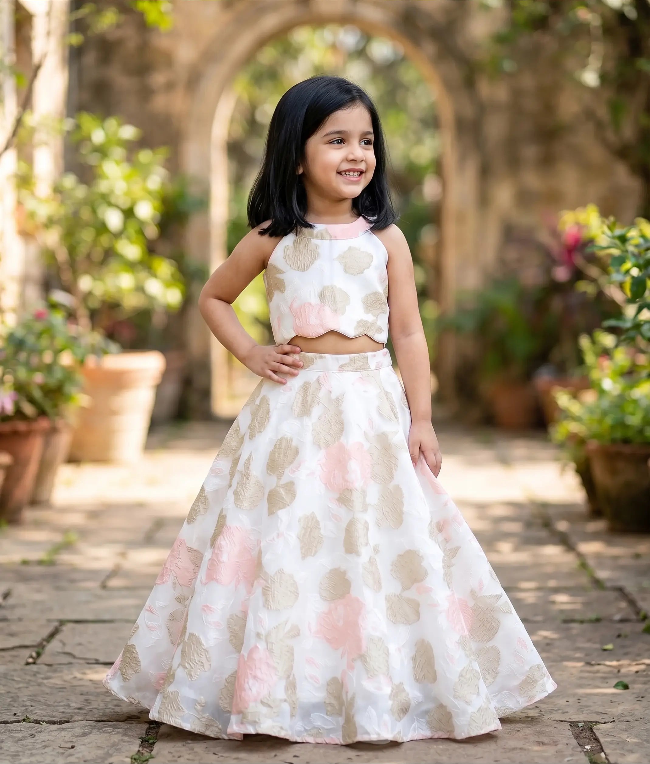 Off-White Pink Floral Turkish Organza Skirt and Top for Baby Girl [6349]