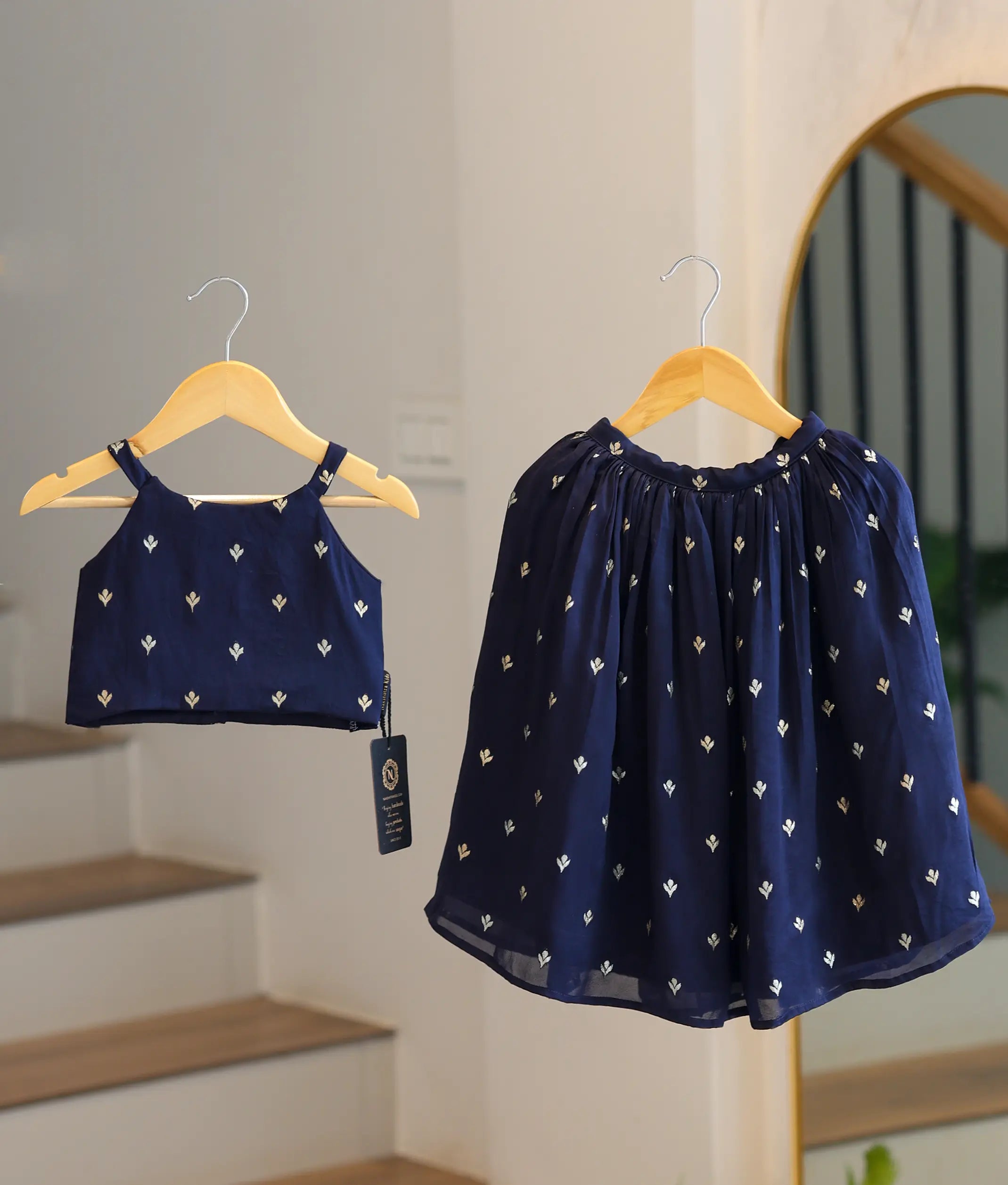 Navy Blue Georgette Golden Leaf Motifs Skirt and Top for Baby Girl [6350]