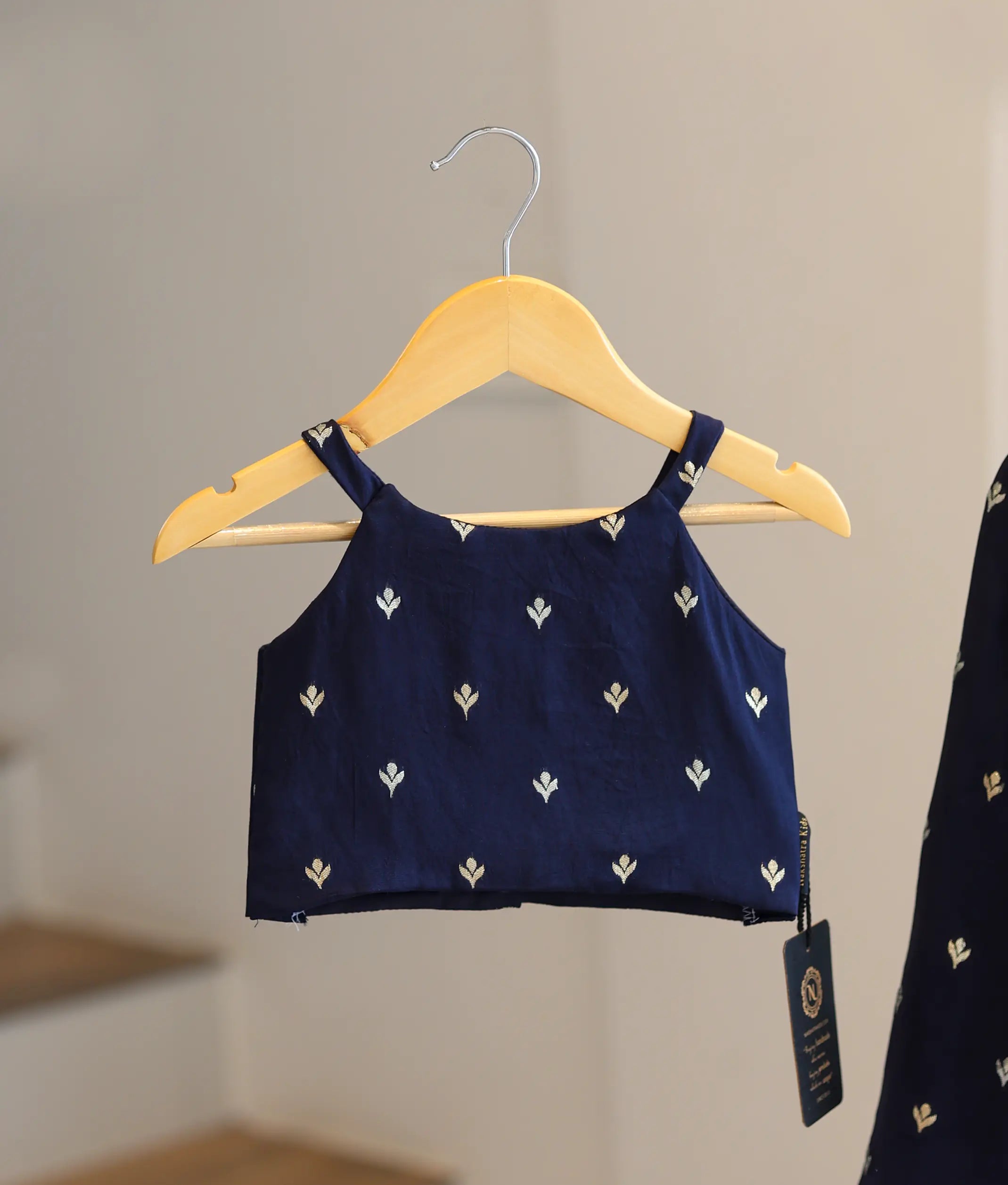 Navy Blue Georgette Golden Leaf Motifs Skirt and Top for Baby Girl [6350]