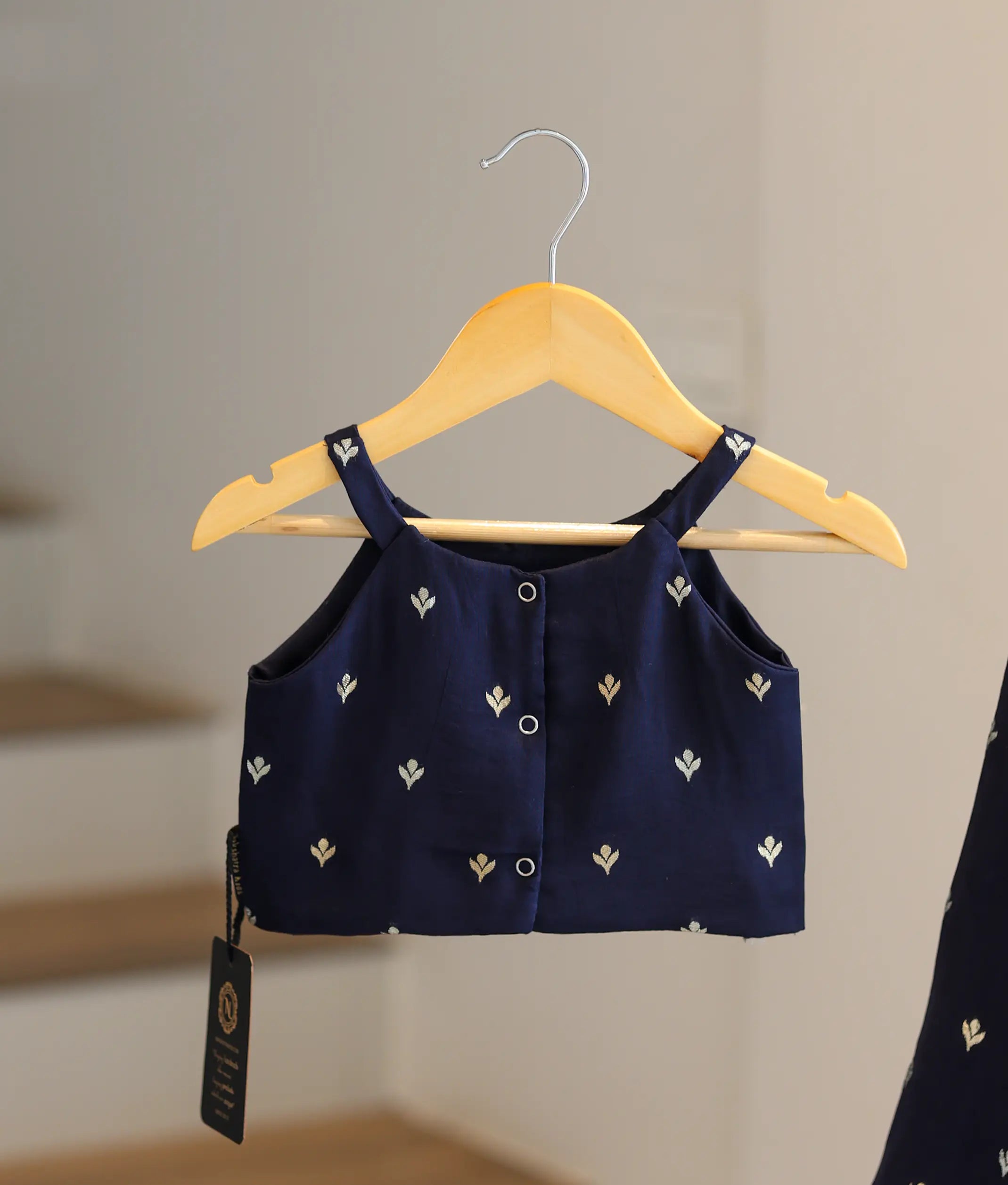Navy Blue Georgette Golden Leaf Motifs Skirt and Top for Baby Girl [6350]