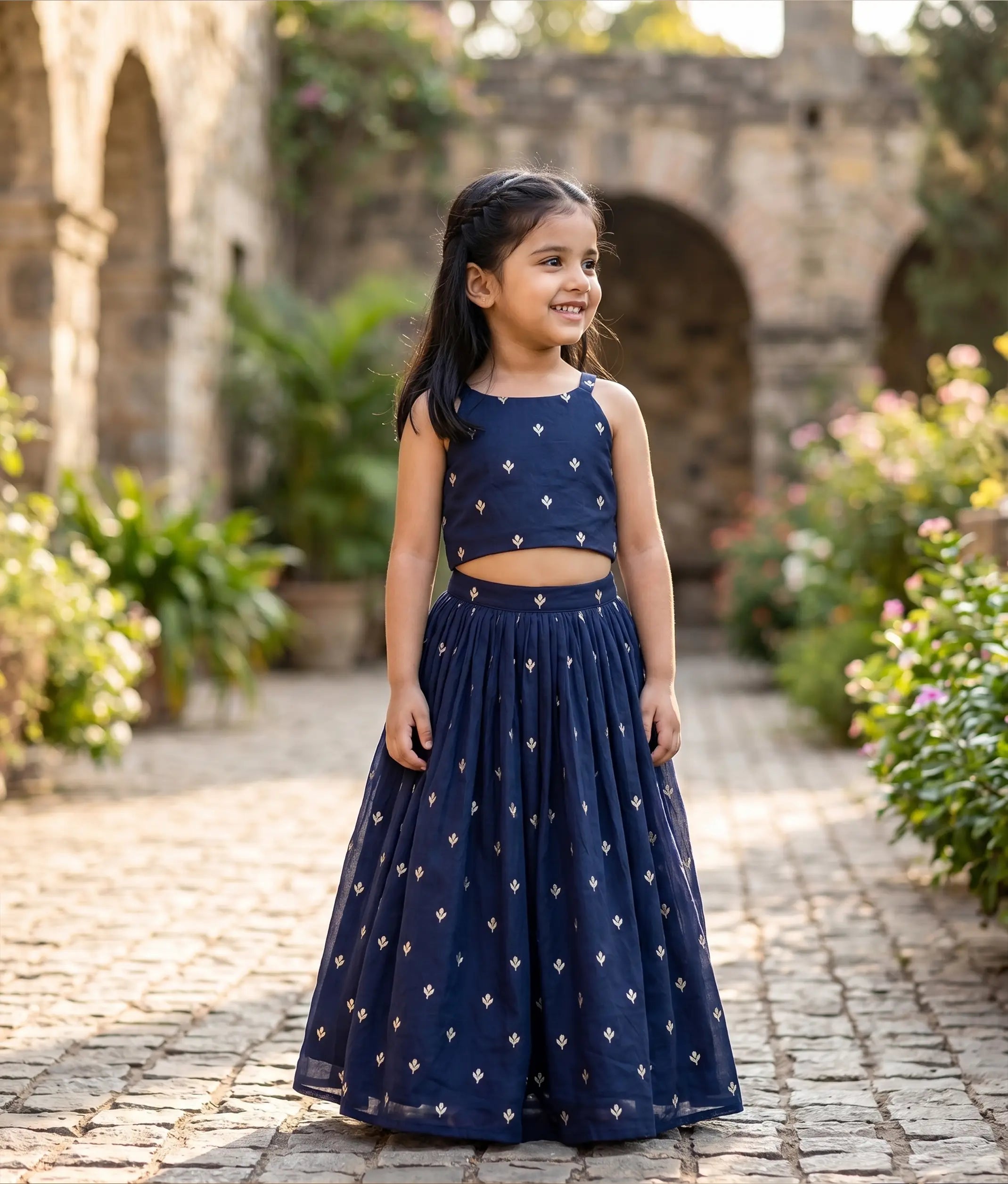 Navy Blue Georgette Golden Leaf Motifs Skirt and Top for Baby Girl [6350]