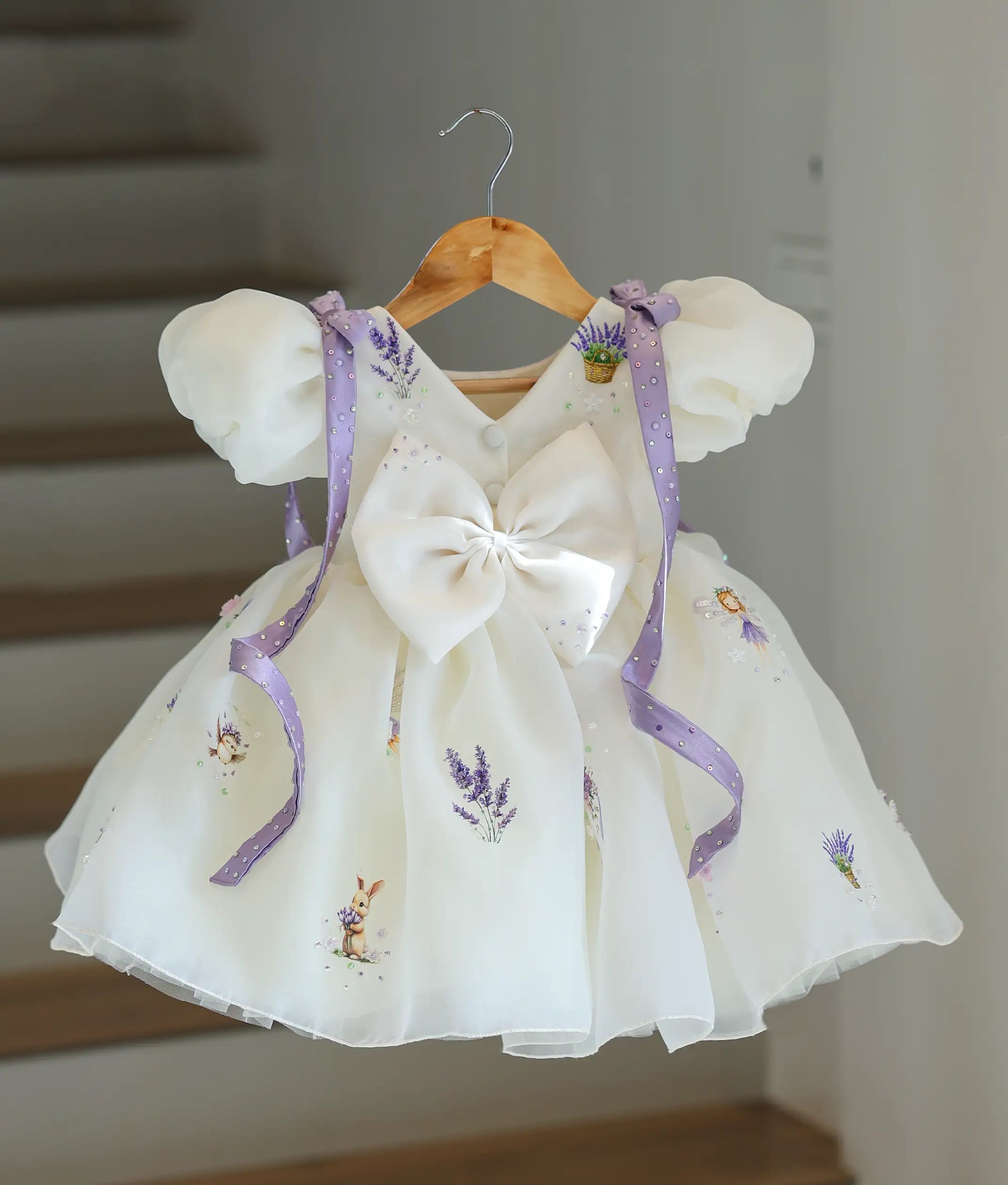 Off-White Plain Organza Handworked Fairy Theme Frock for Baby Girl [Pre Order: 6351]