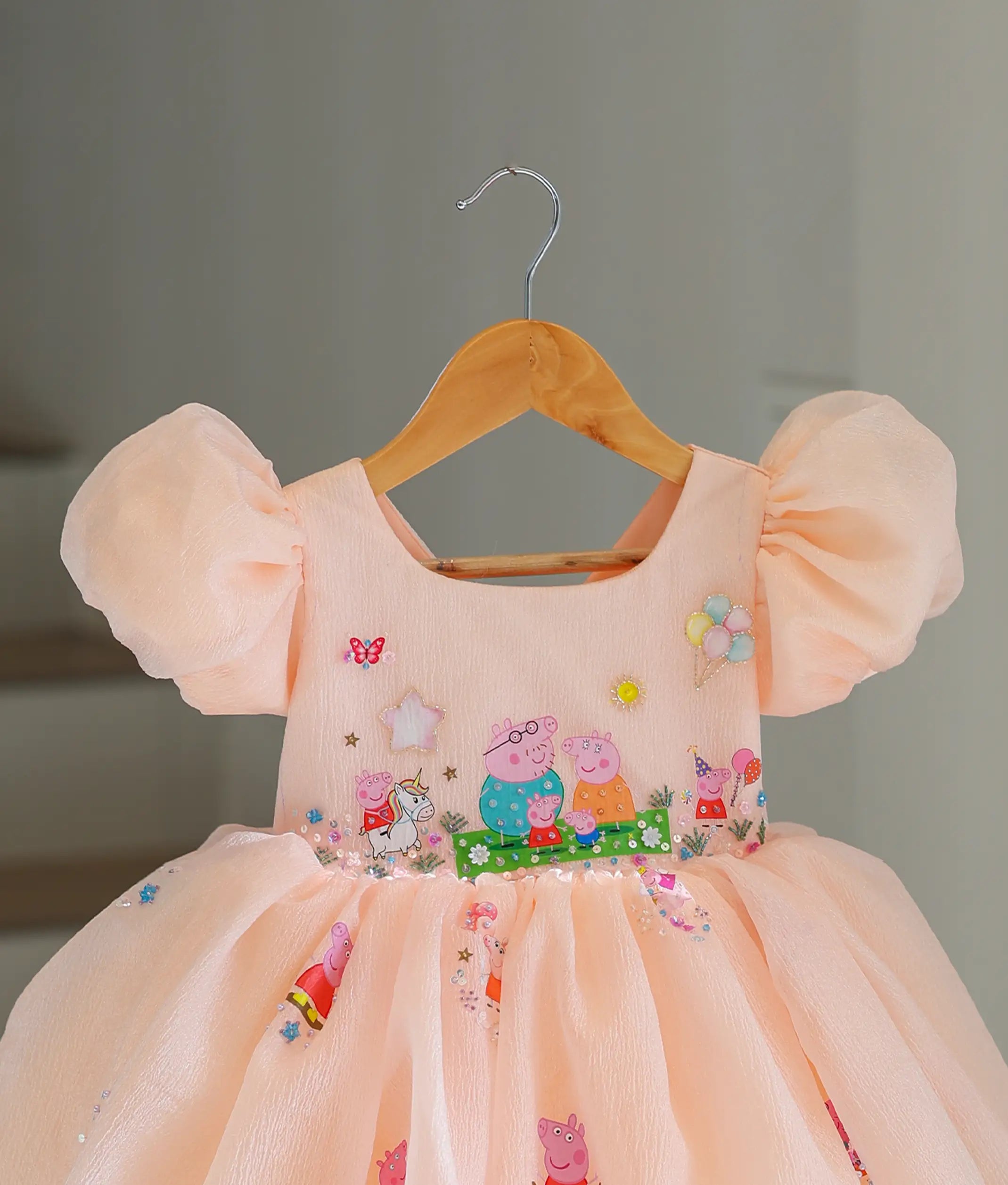 Peach Crush Organza Handworked Peppa Pig Theme Frock for Baby Girl [Pre Order: 6352]