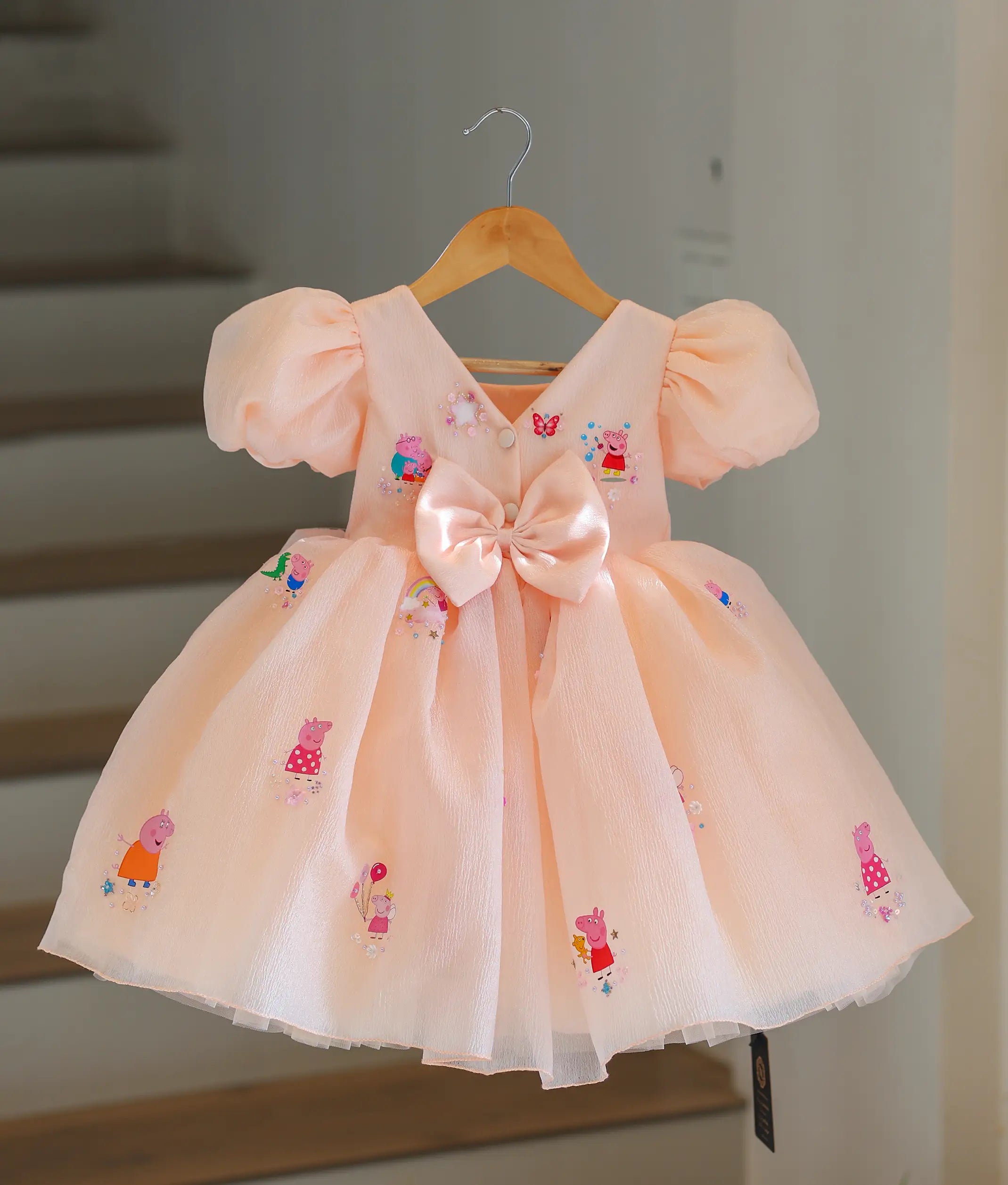 Peach Crush Organza Handworked Peppa Pig Theme Frock for Baby Girl [Pre Order: 6352]