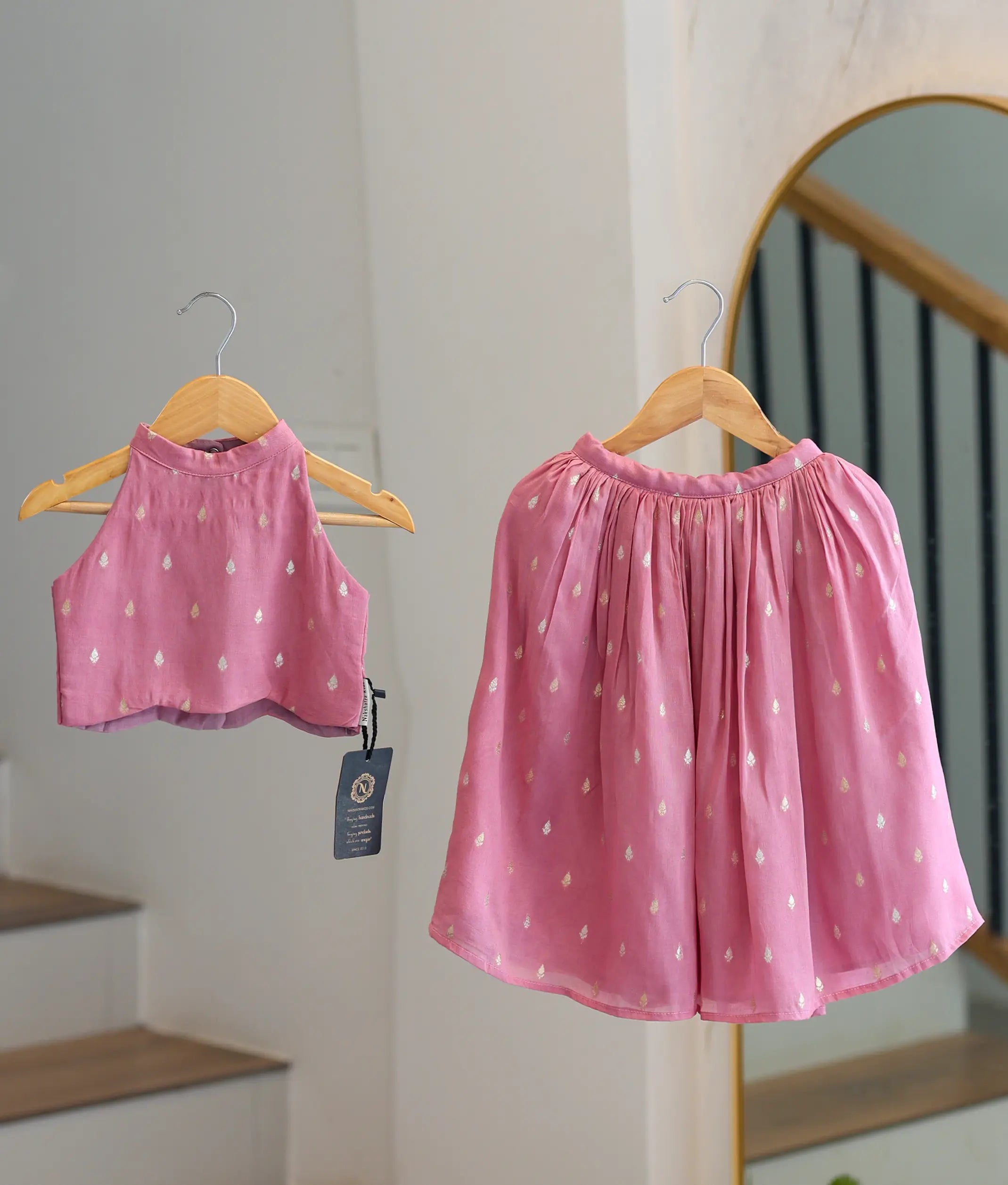 Onion Pink Georgette Golden Leaf Motifs Skirt and Top for Baby Girl [6354]