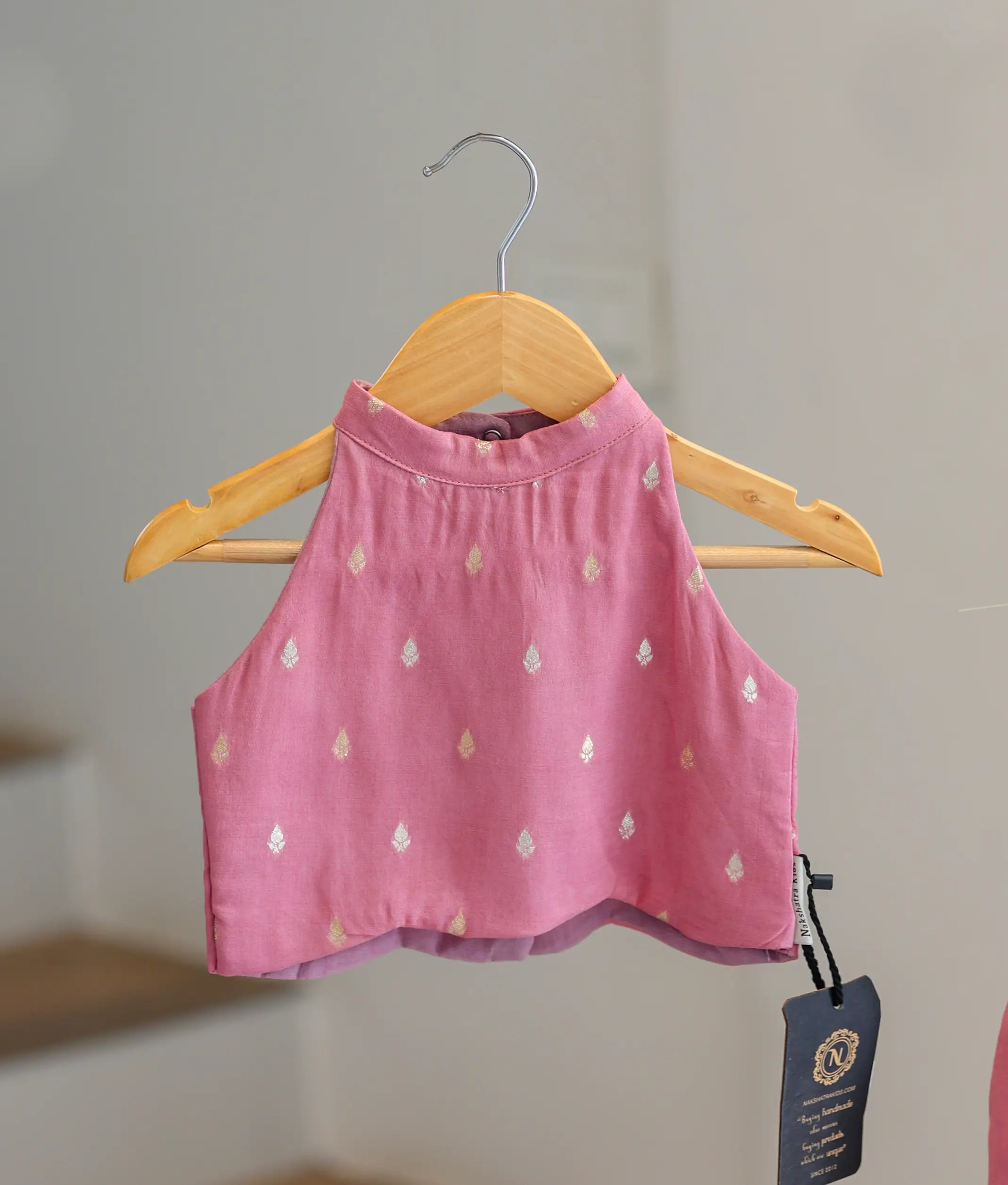 Onion Pink Georgette Golden Leaf Motifs Skirt and Top for Baby Girl [6354]