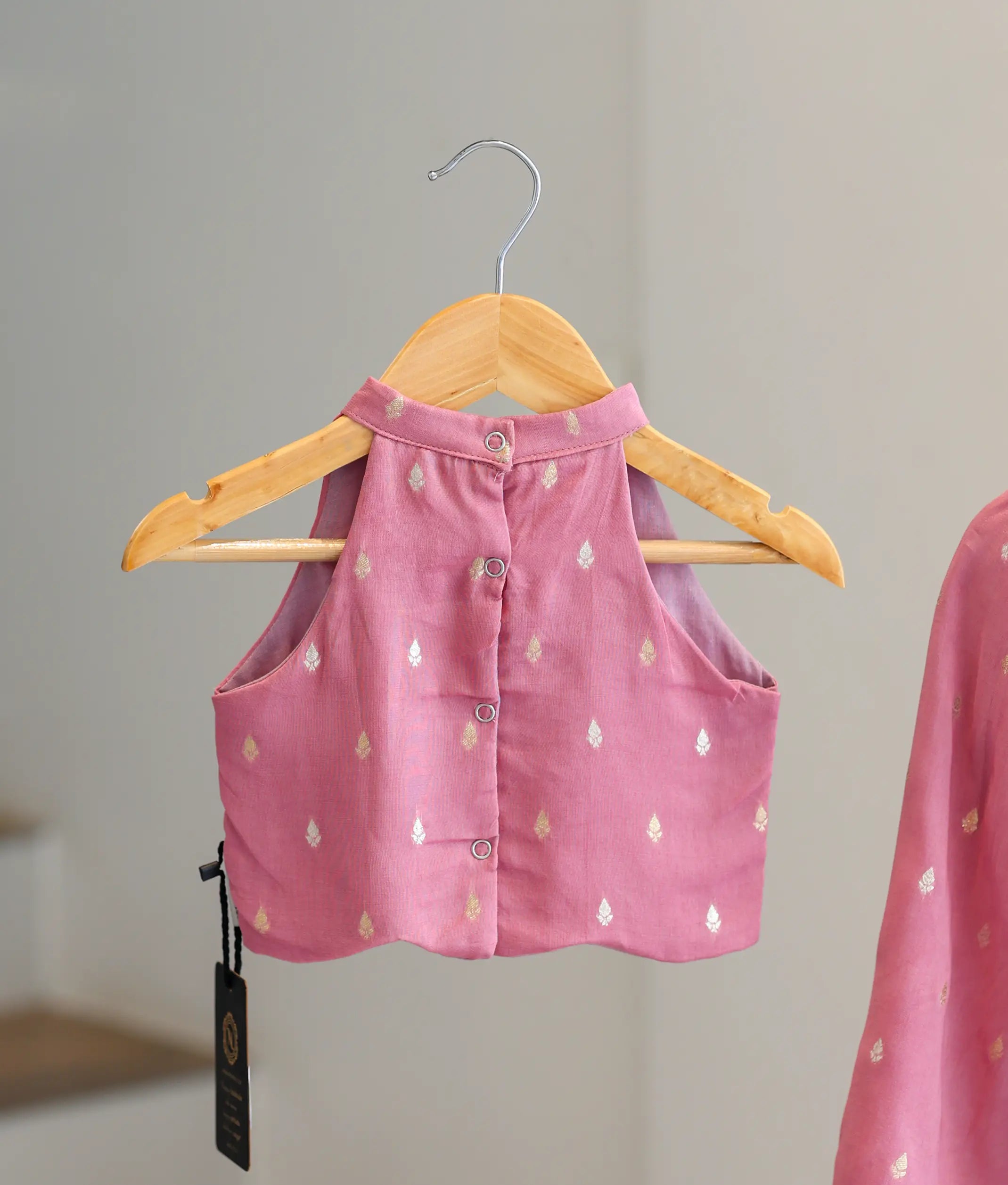 Onion Pink Georgette Golden Leaf Motifs Skirt and Top for Baby Girl [6354]