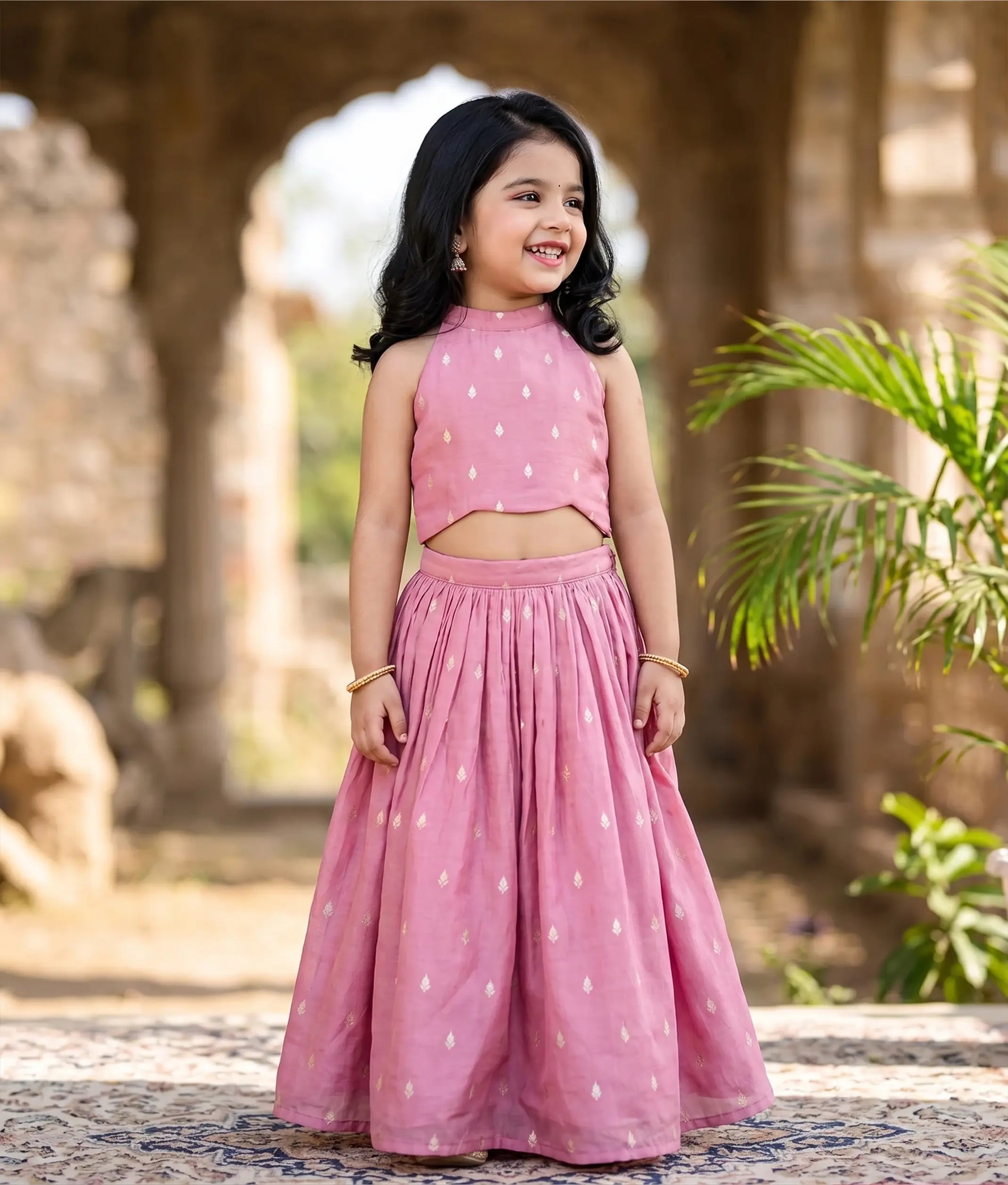 Onion Pink Georgette Golden Leaf Motifs Skirt and Top for Baby Girl [6354]