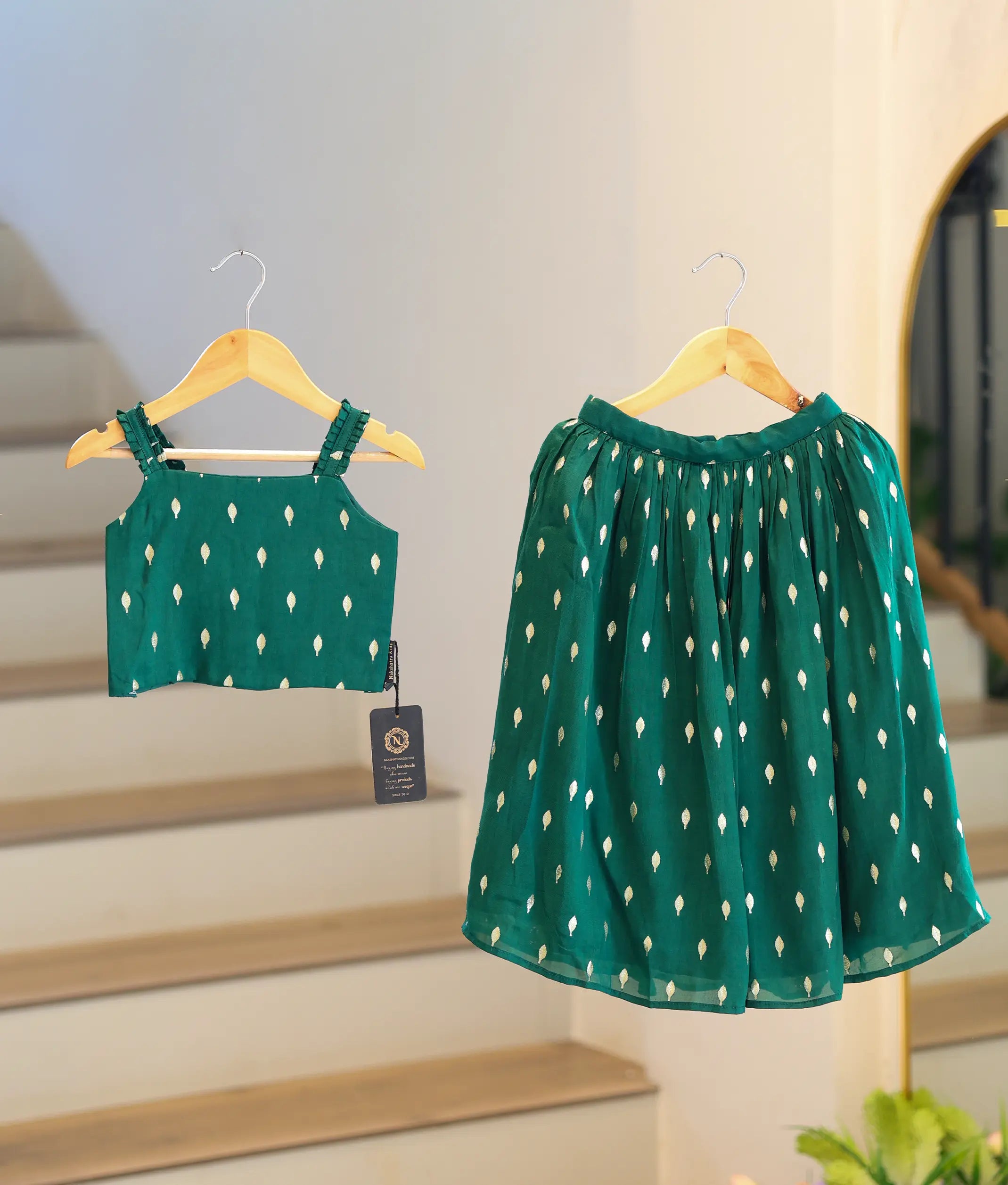 Bottle Green Georgette Polka Dot Top and Skirt for Baby Girl [6355]