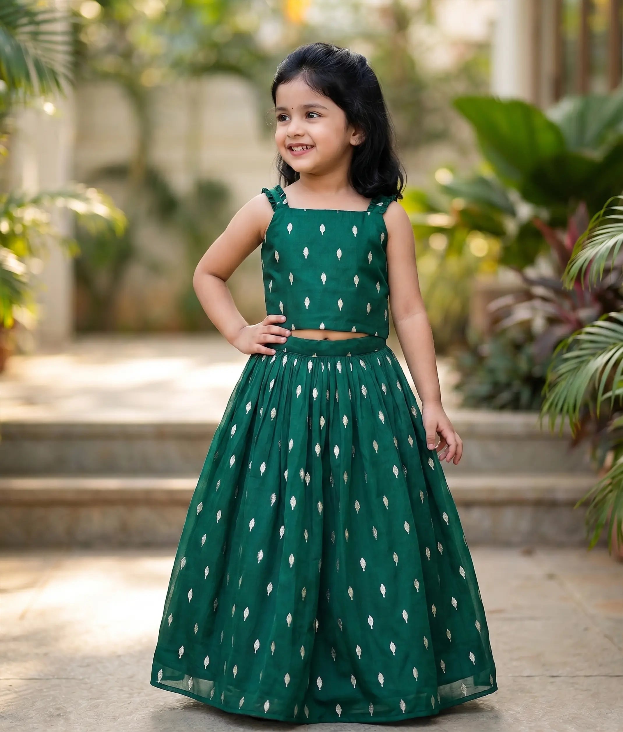 Bottle Green Georgette Polka Dot Top and Skirt for Baby Girl [6355]