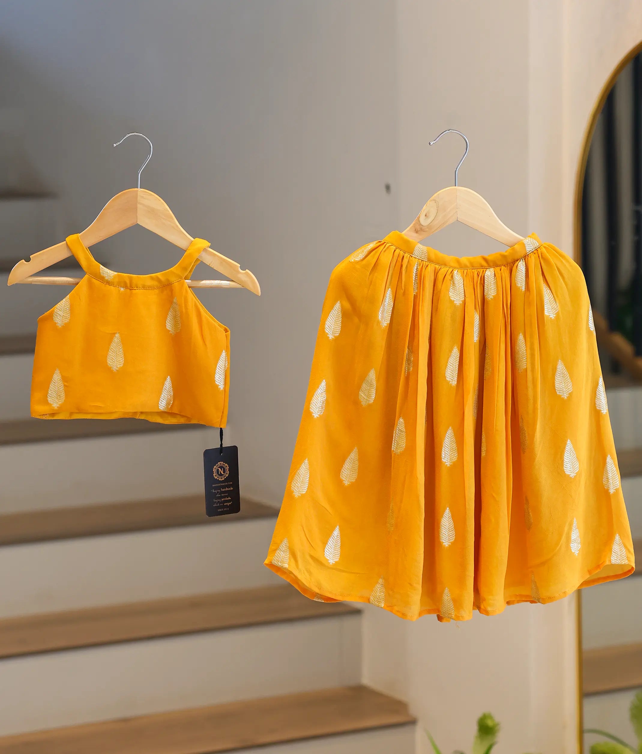 Yellow Georgette Golden Leaf Motifs Skirt and Top for Baby Girl [6356]