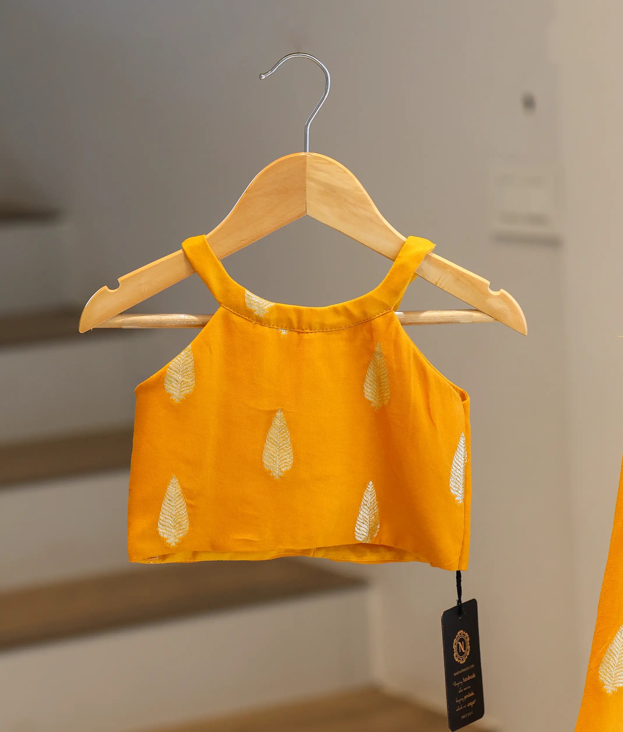 Yellow Georgette Golden Leaf Motifs Skirt and Top for Baby Girl [6356]