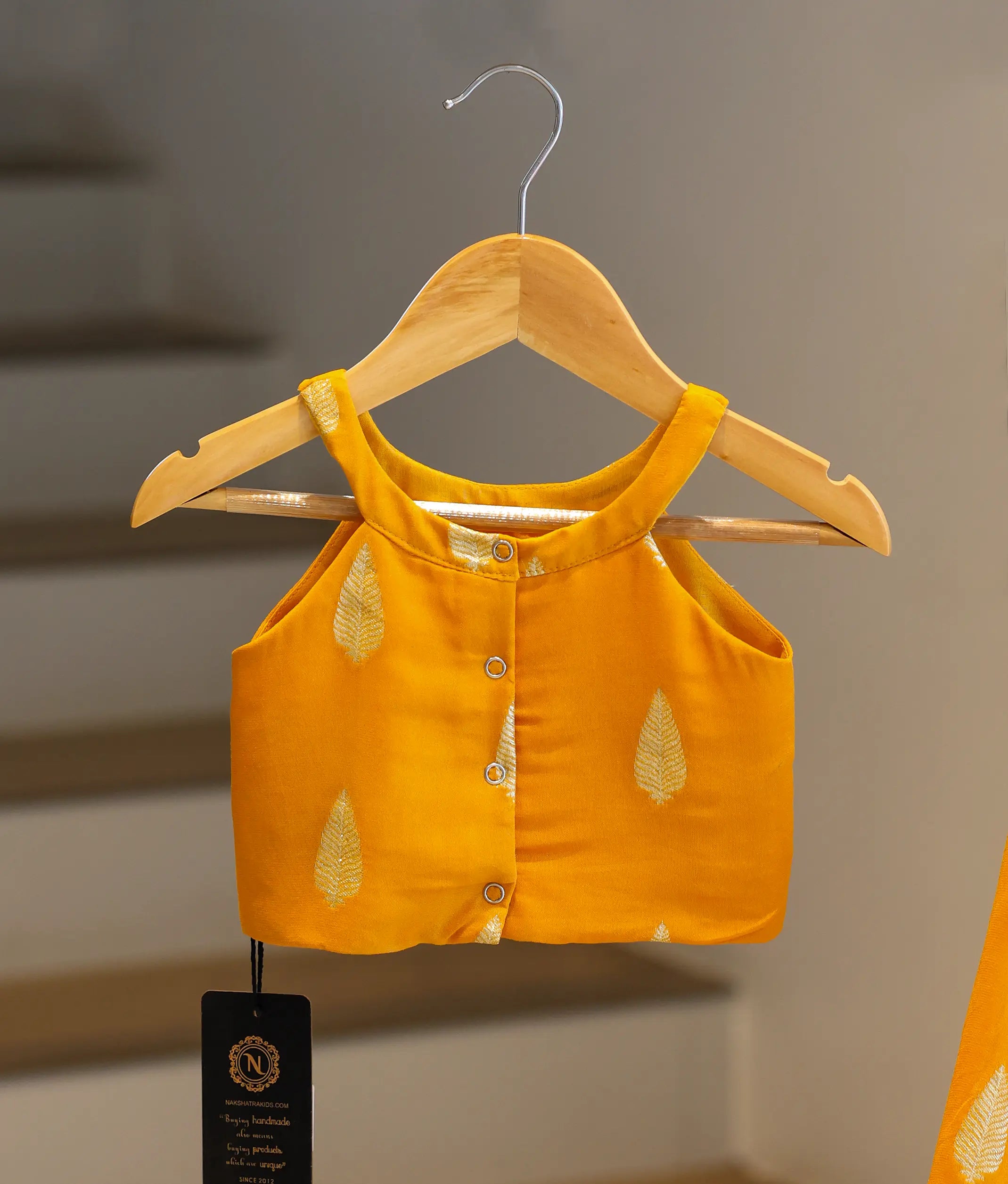Yellow Georgette Golden Leaf Motifs Skirt and Top for Baby Girl [6356]