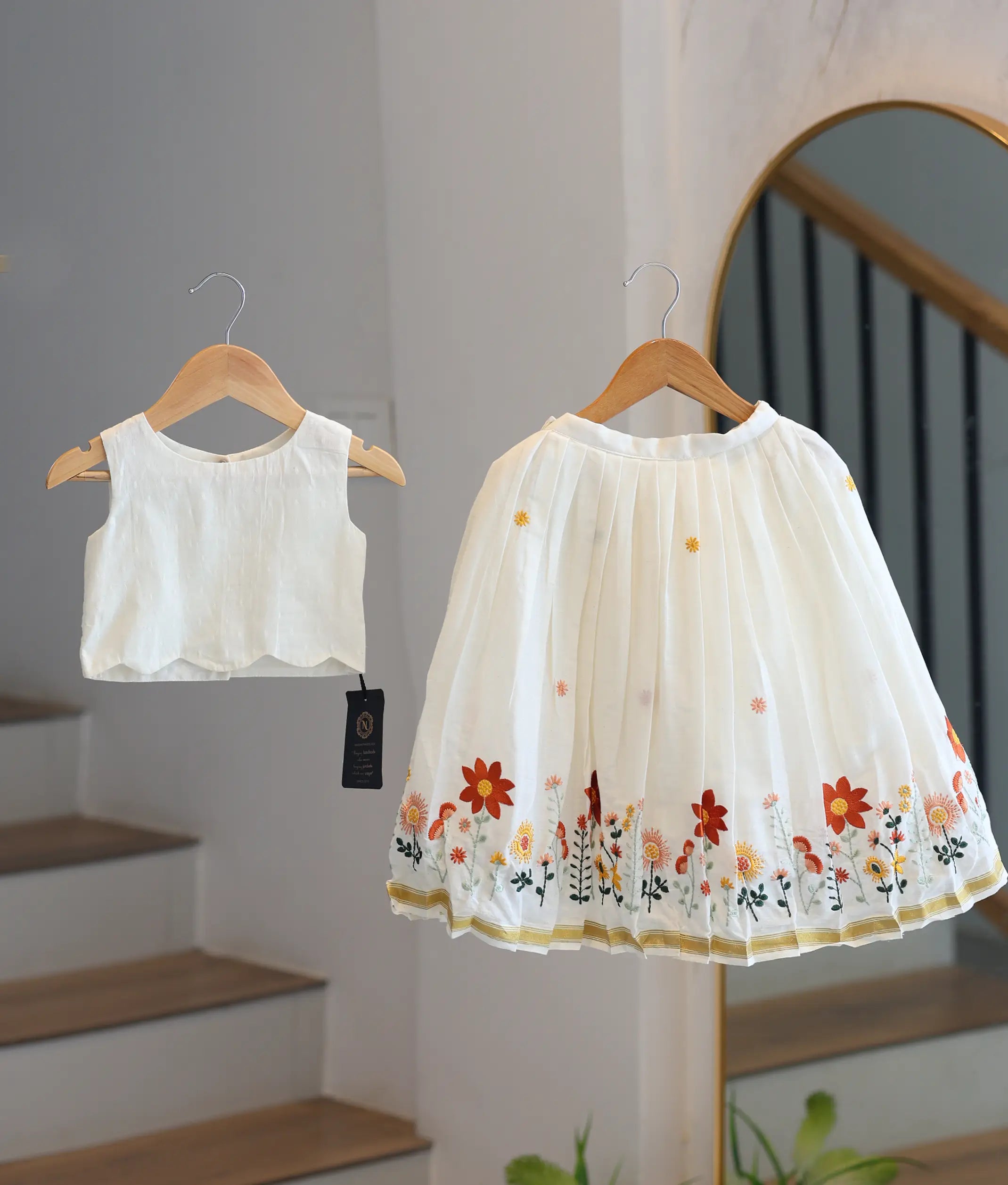 Off-White Cotton Embroidered Skirt and Top for Baby Girl [6365]