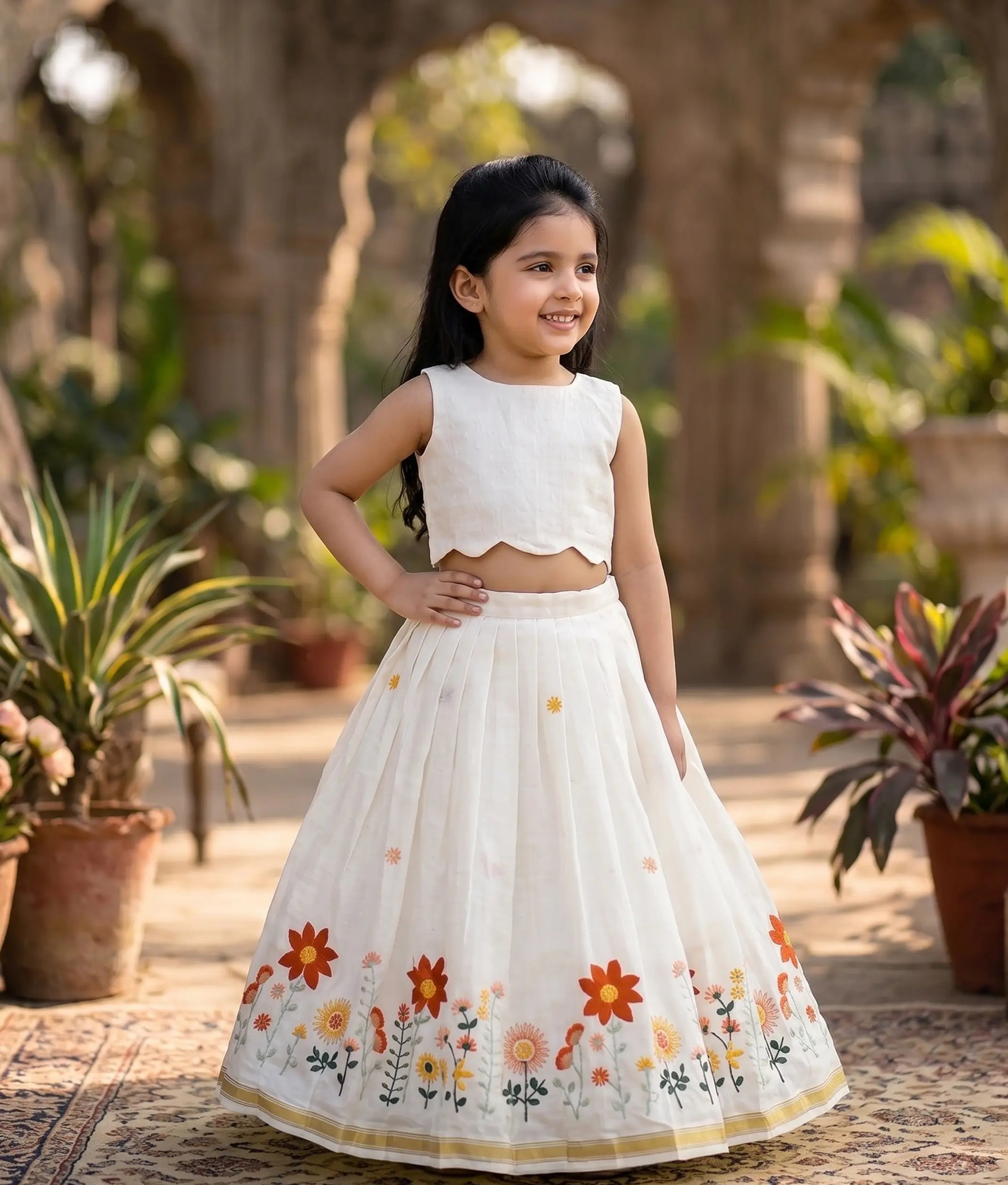 Off-White Cotton Embroidered Skirt and Top for Baby Girl [6365]