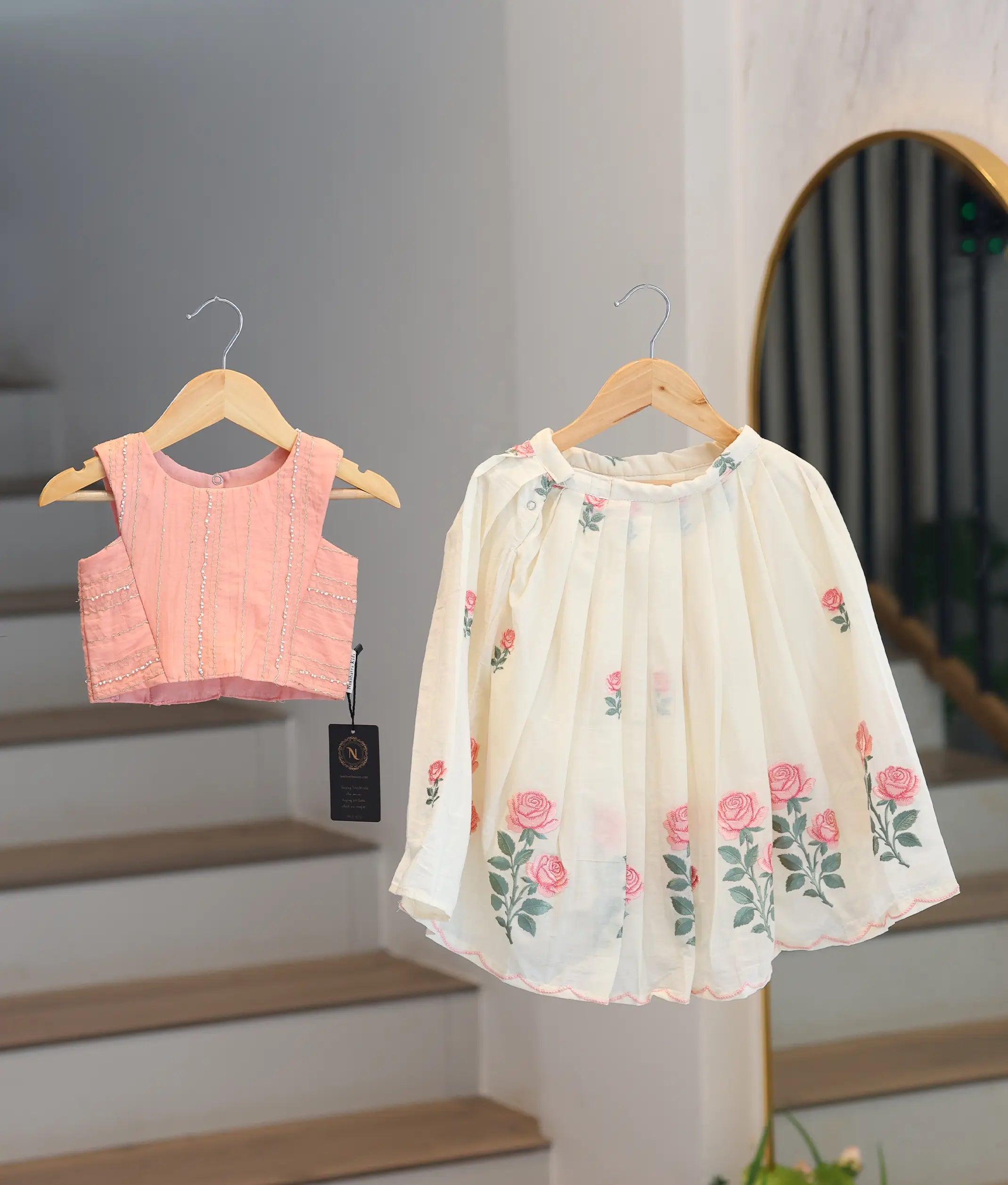 Off-White Cotton Embroidered Skirt and Pastel Pink Top for Baby Girl [6366]