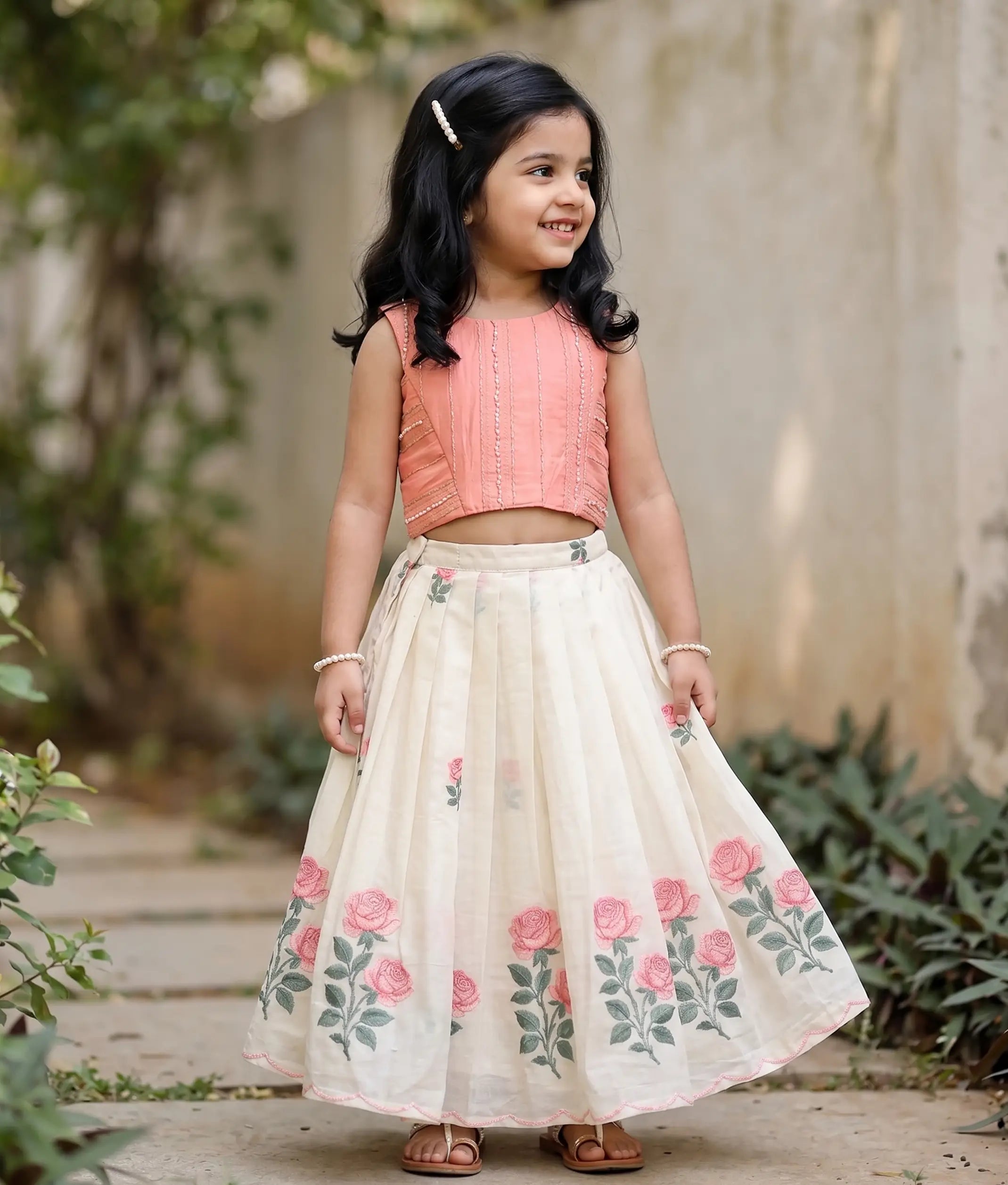 Off-White Cotton Embroidered Skirt and Pastel Pink Top for Baby Girl [6366]