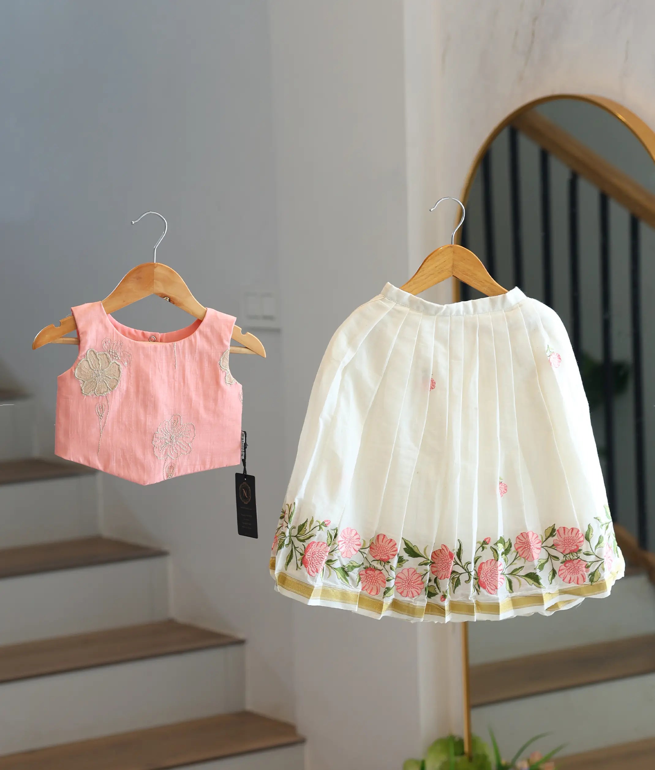 Off-White Cotton Embroidered Skirt and Pastel Pink Top for Baby Girl [6367]