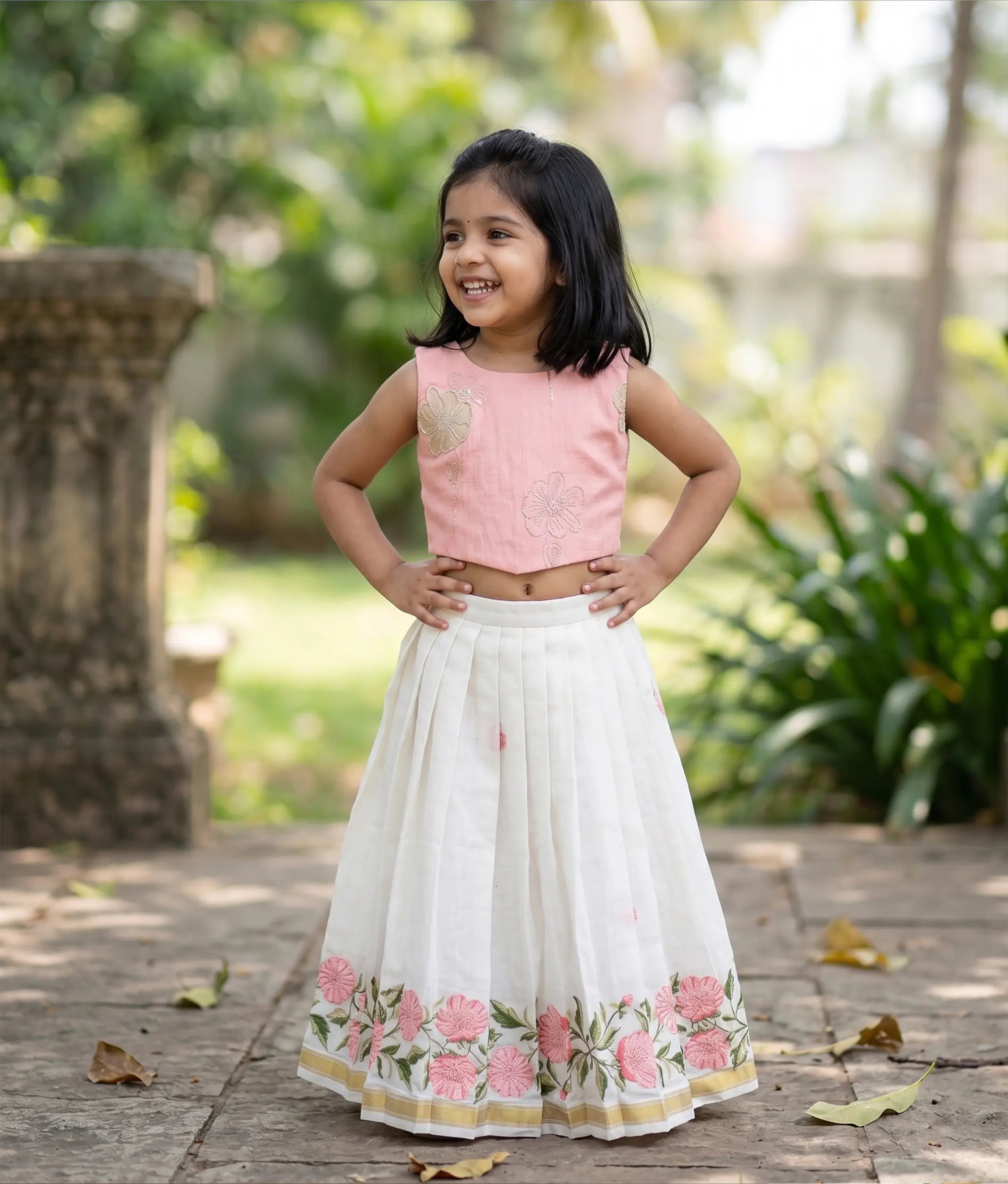 Off-White Cotton Embroidered Skirt and Pastel Pink Top for Baby Girl [6367]