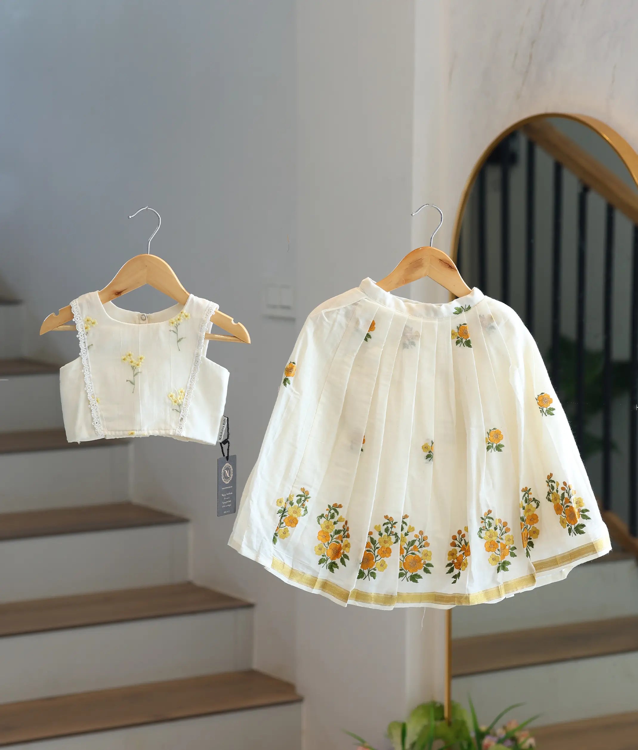 Off-White Mul Chanderi Embroidered Skirt and Top for Baby Girl [6368]