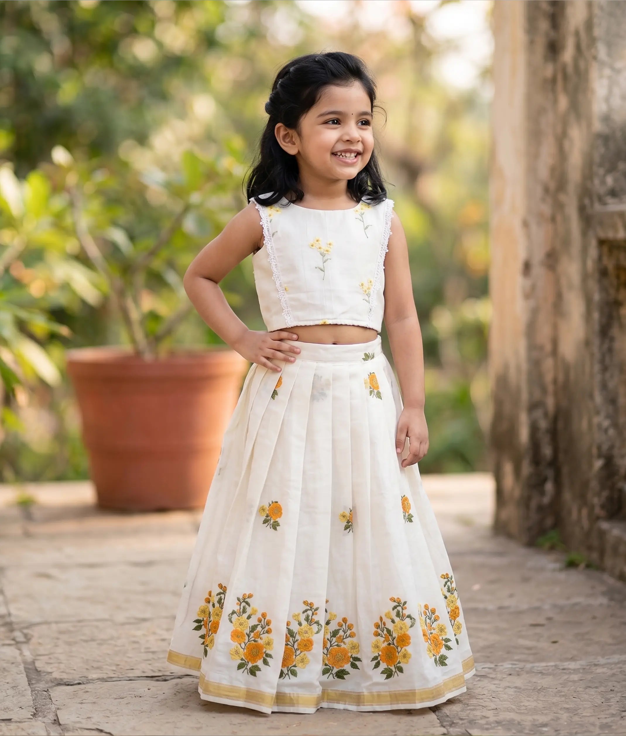 Off-White Mul Chanderi Embroidered Skirt and Top for Baby Girl [6368]