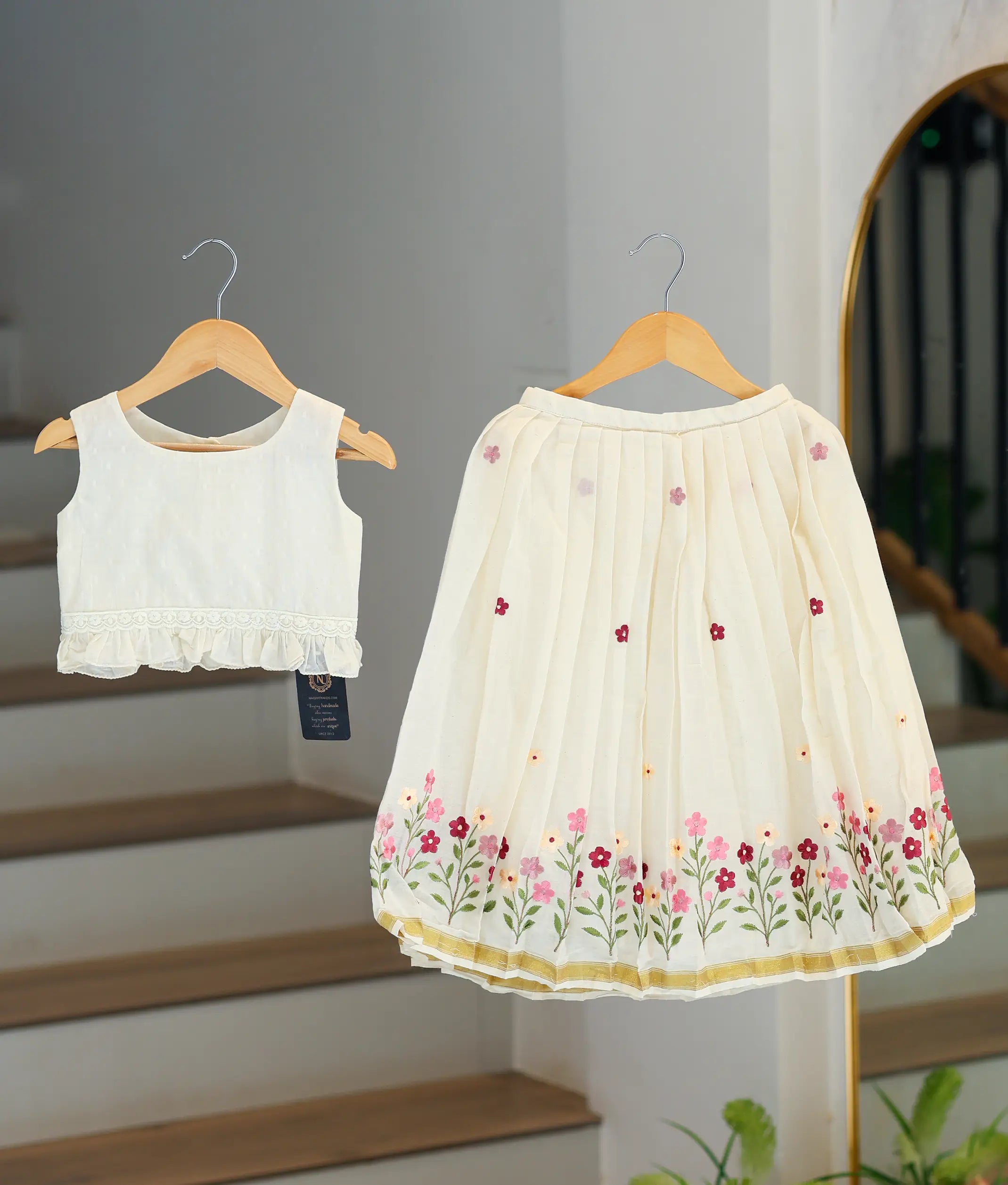 Off-White Cotton Embroidered Skirt and Top for Baby Girl [6369]