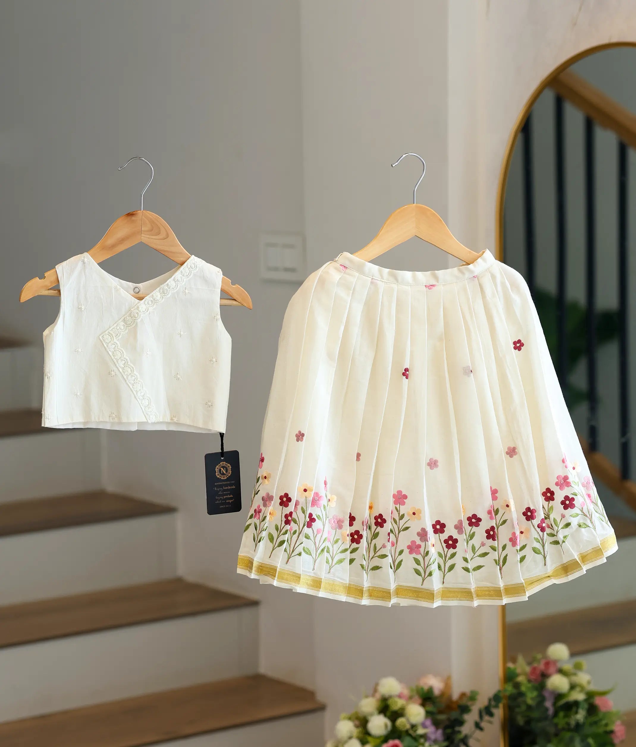 Off-White Cotton Embroidered Skirt and Top for Baby Girl [6369]