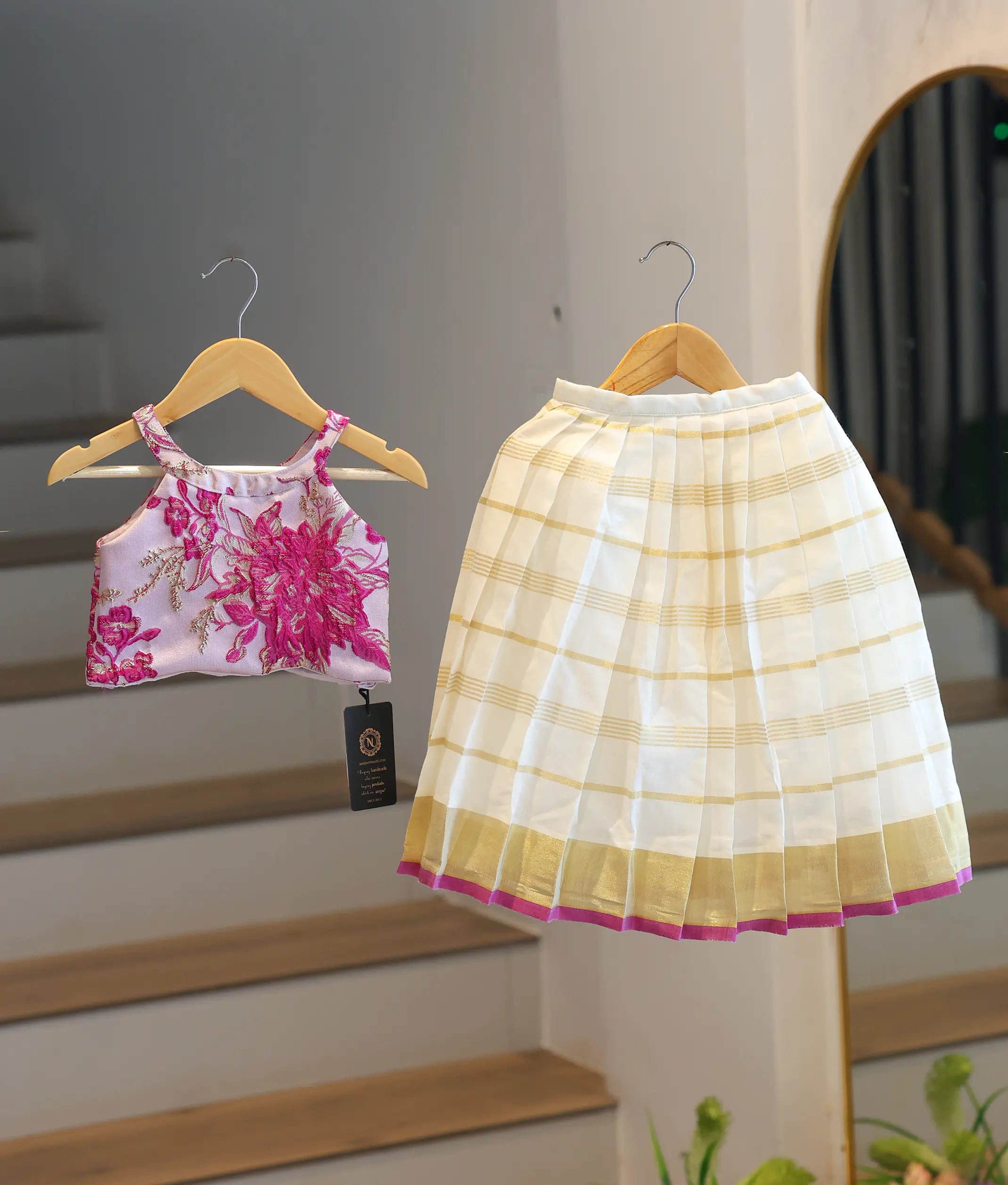 Pink Turkish Organza Top With Kasavu Skirt for Baby Girl [6372]