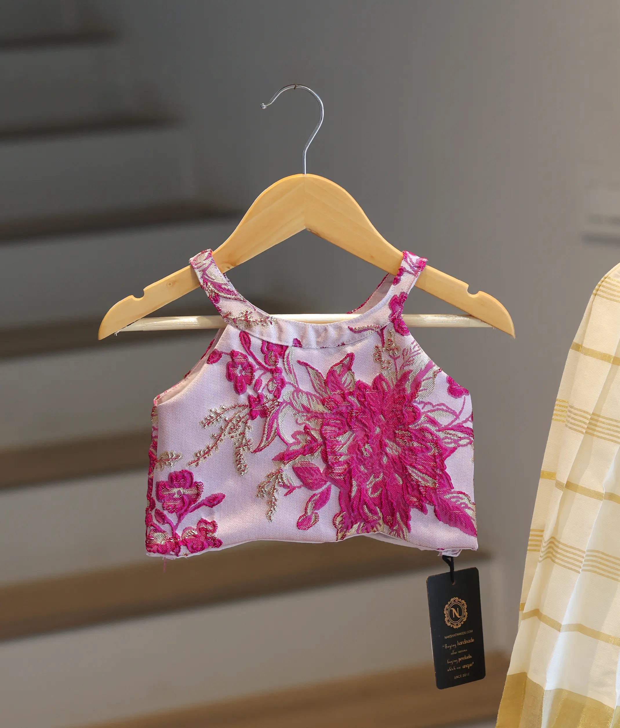 Pink Turkish Organza Top With Kasavu Skirt for Baby Girl [6372]