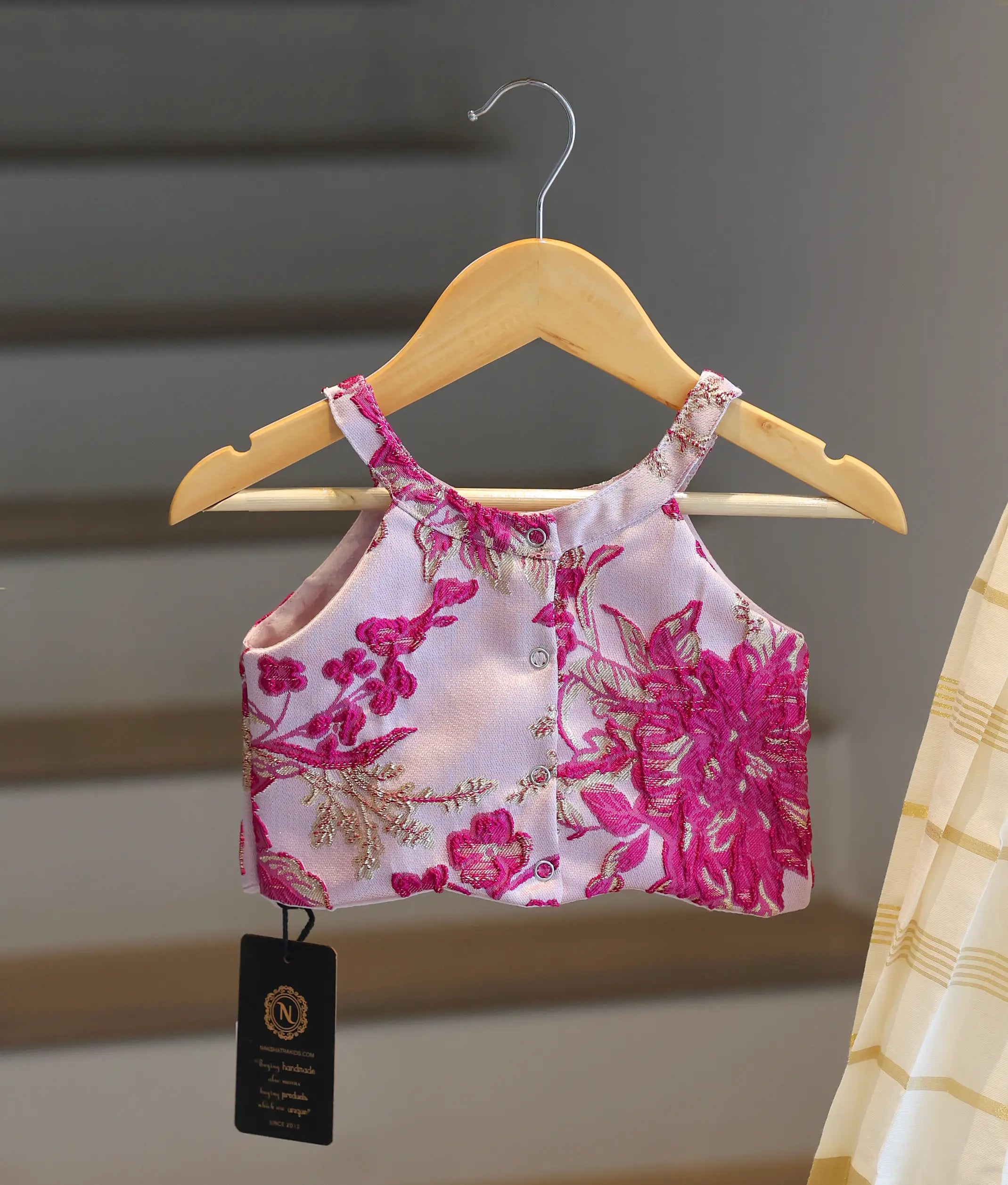 Pink Turkish Organza Top With Kasavu Skirt for Baby Girl [6372]