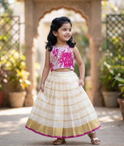 Pink Turkish Organza Top With Kasavu Skirt for Baby Girl [6372]