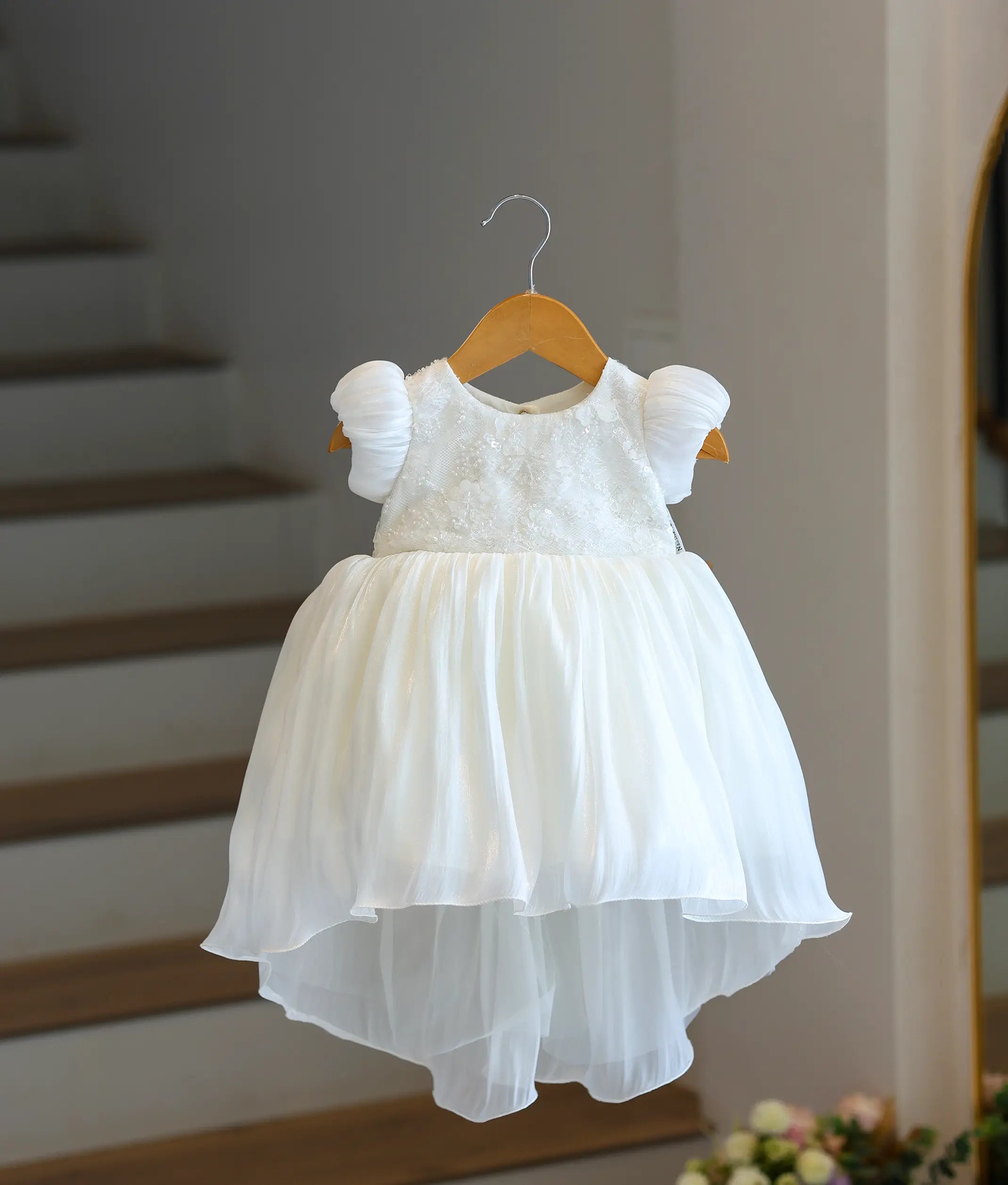 Off-White Laser Organza High-Low Baptism Frock For Baby Girl [Ready To Ship: 6373]