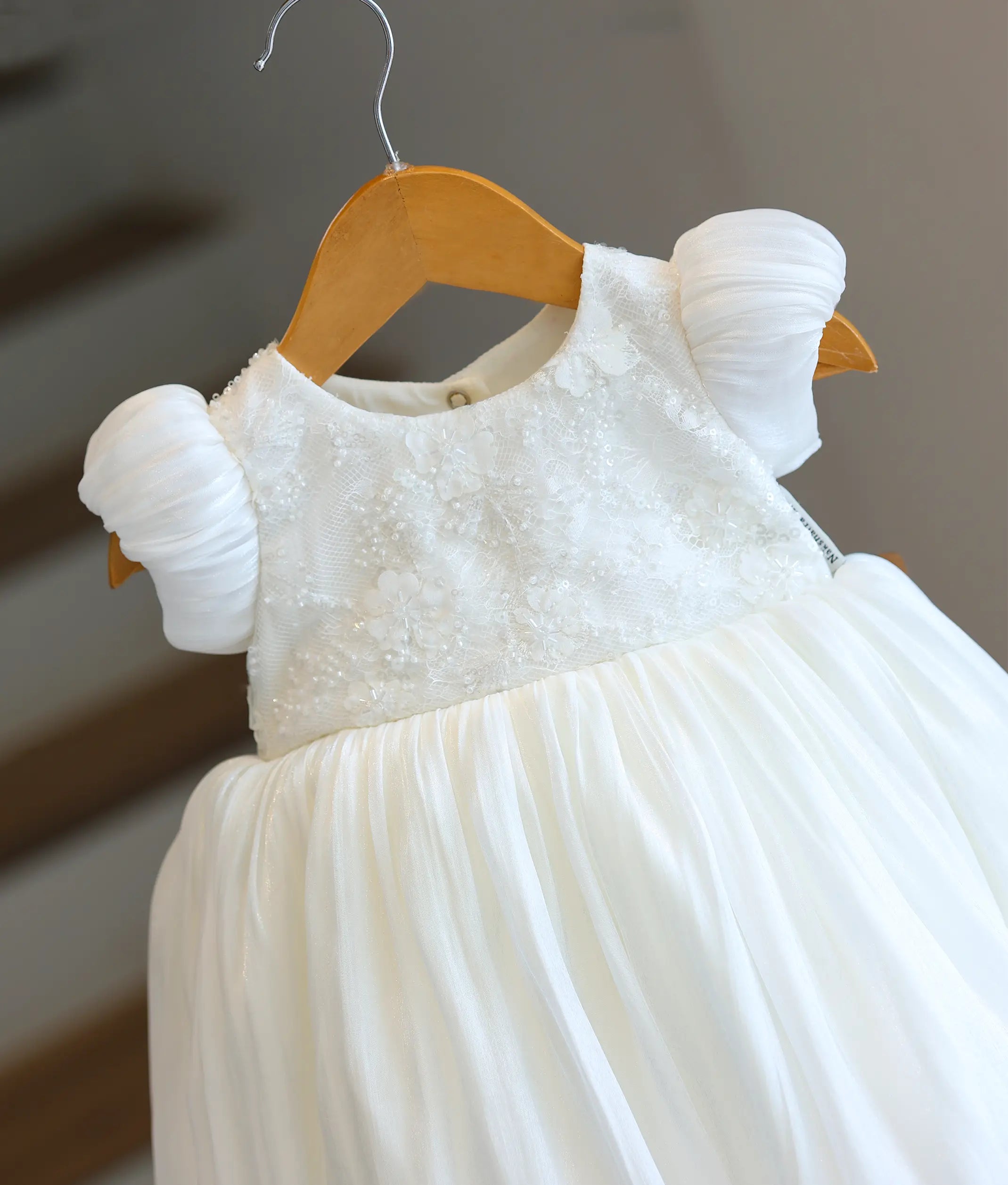 Off-White Laser Organza High-Low Baptism Frock For Baby Girl [Ready To Ship: 6373]
