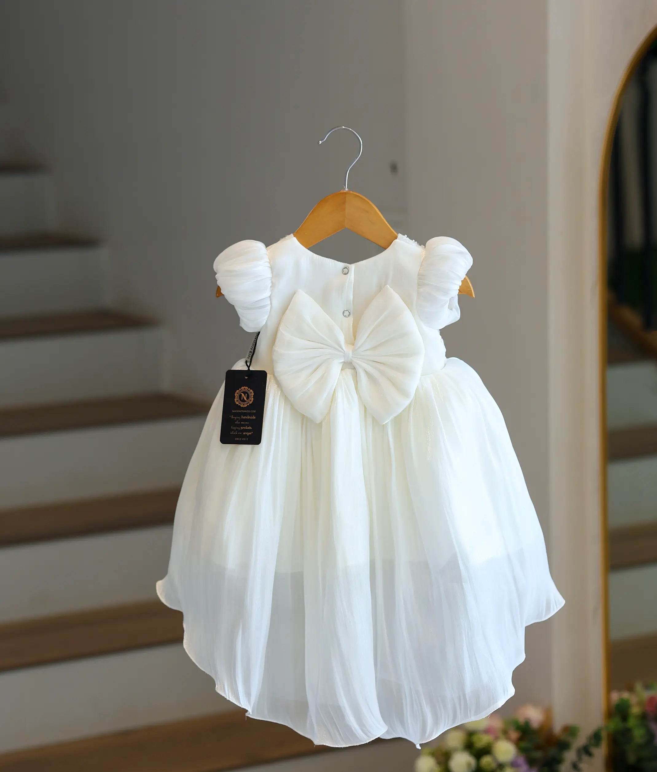 Off-White Laser Organza High-Low Baptism Frock For Baby Girl [Ready To Ship: 6373]
