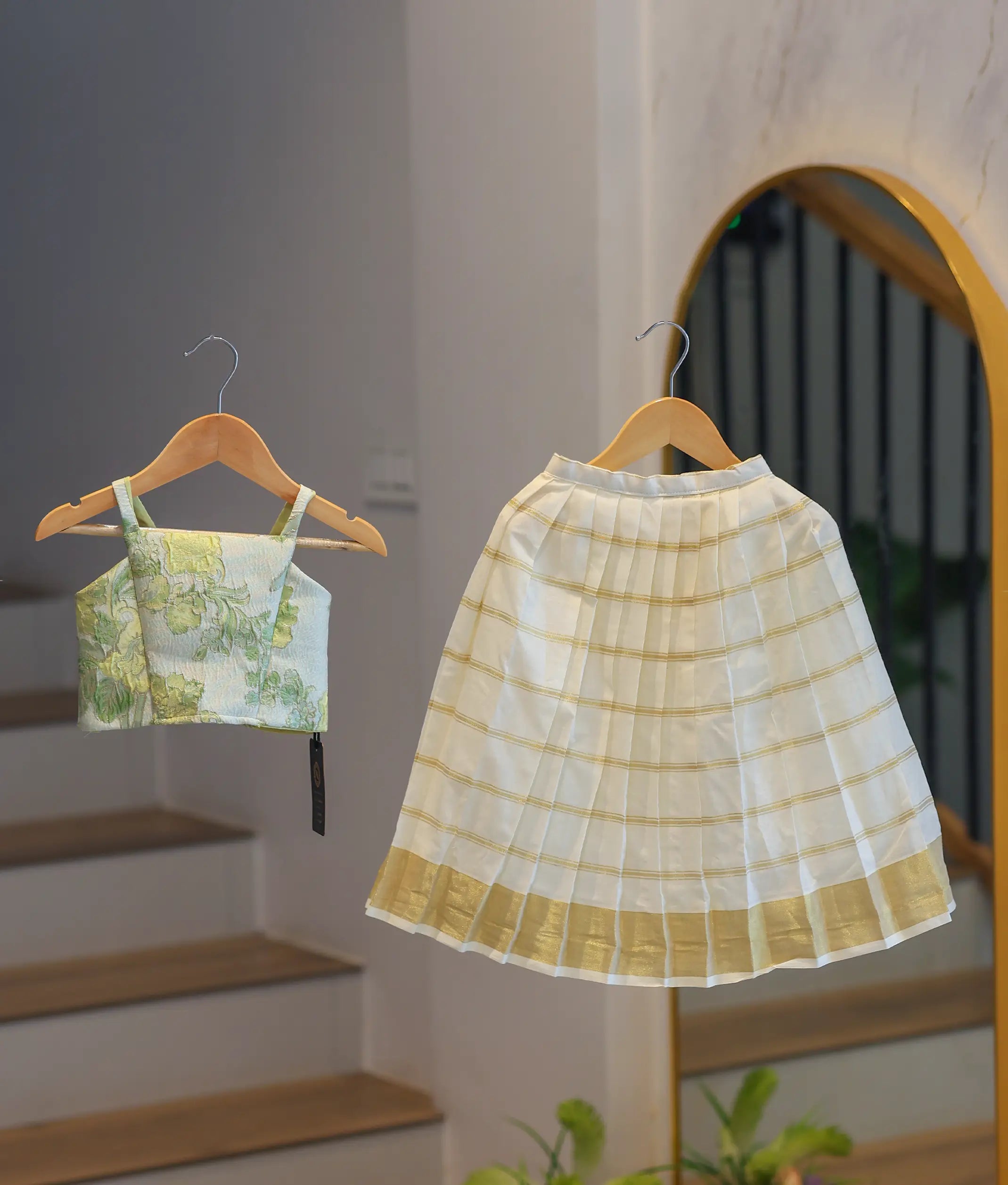 Sage Green Turkish Organza Top With Kasavu Skirt for Baby Girl [6375]
